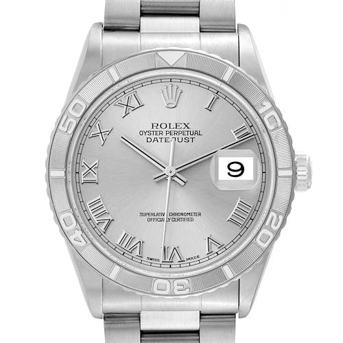 This image shows a front view of the Rolex Turn-o-Graph watch, displaying the dial, bezel, and bracelet.