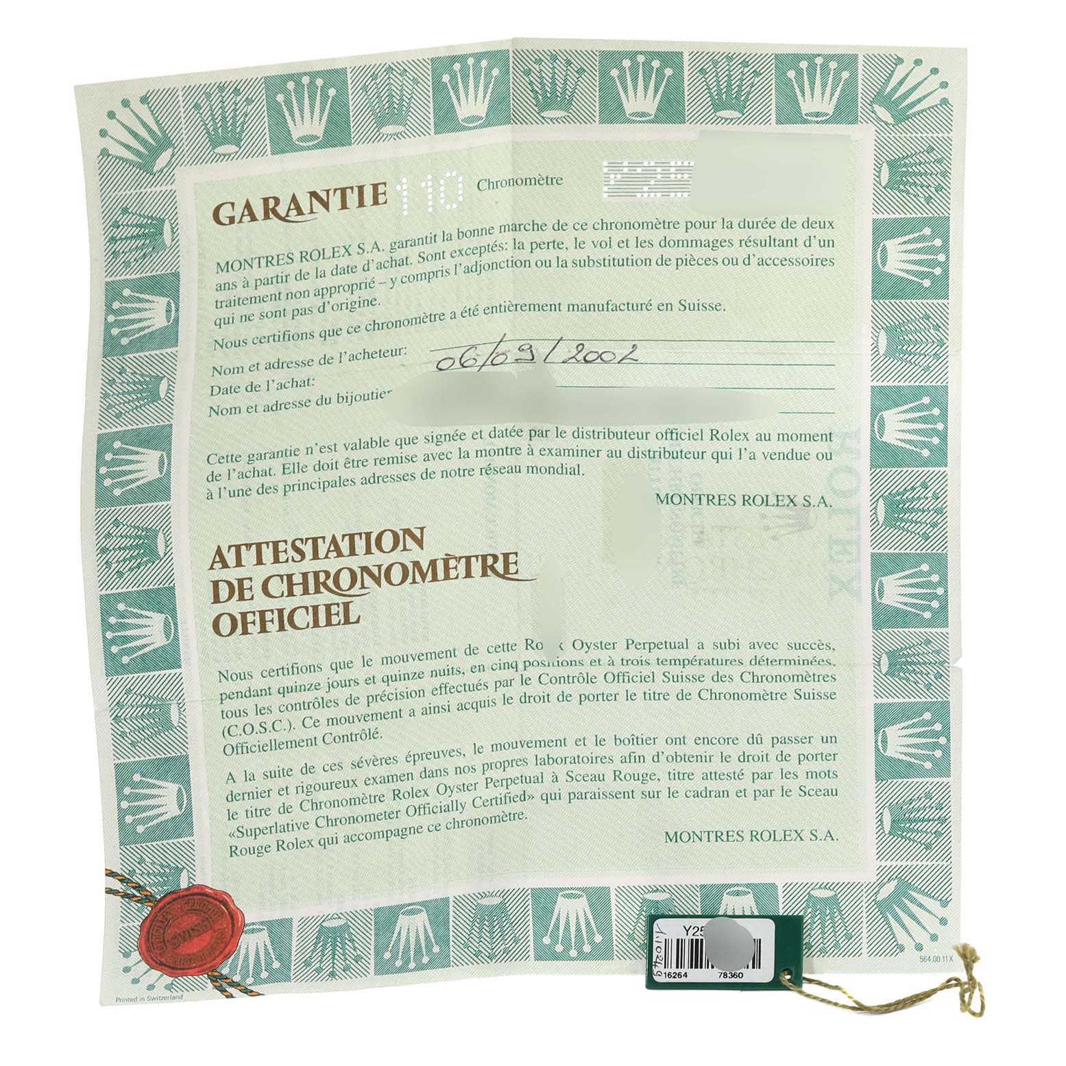 The image shows the official warranty and chronometer certification paperwork for a Rolex Turn-o-Graph 16264 Men's Stainless Steel Silver Dial 16264 Men's Stainless Steel Silver Dial model.