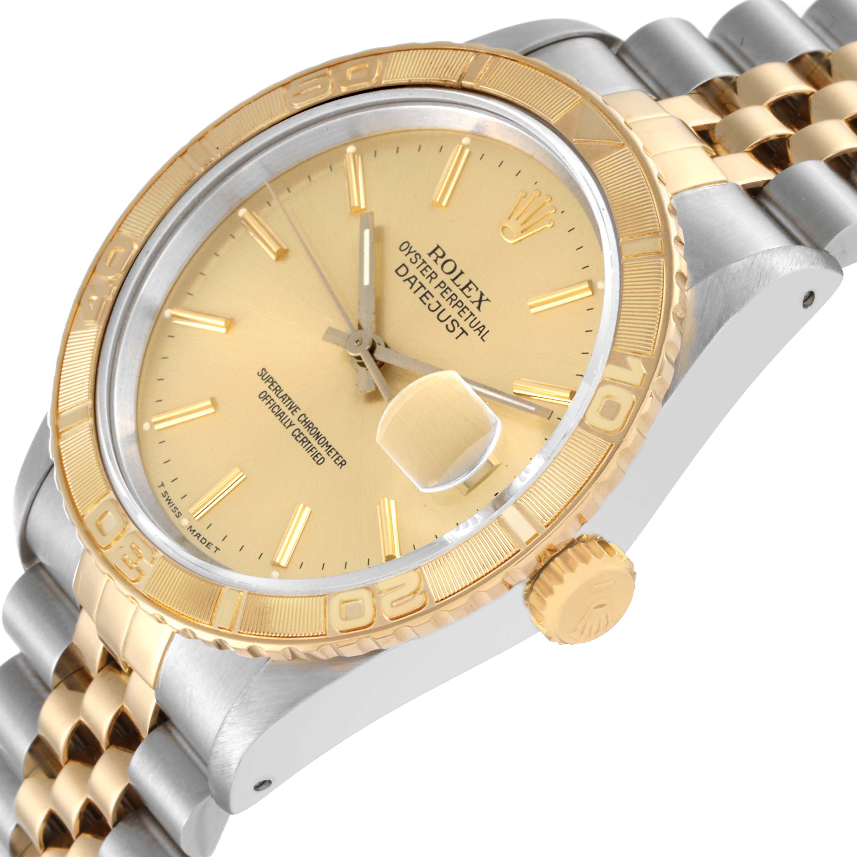 This image shows a Rolex Turn-o-Graph 16263 Men
s Steel and Gold (two tone) Champagne Dial 16263 Men
s Steel and Gold (two tone) Champagne Dial watch at an angled side view, highlighting the gold bezel, crown, and part of the bracelet.