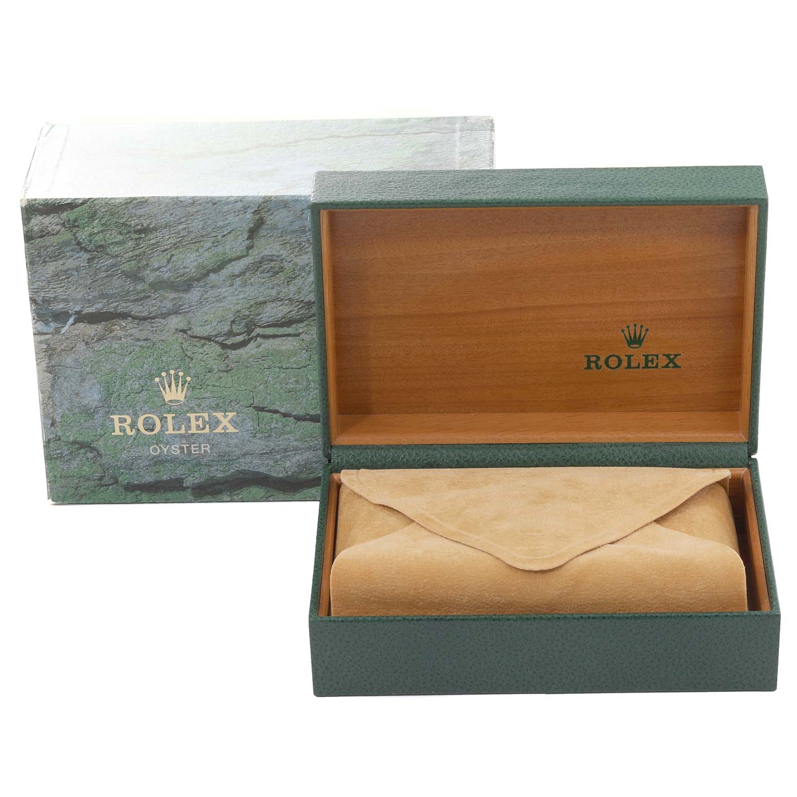 This image shows the packaging for a Rolex Turn-o-Graph 16263 Men
s Steel and Gold (two tone) Champagne Dial 16263 Men
s Steel and Gold (two tone) Champagne Dial watch, featuring an open box with an inner pouch and the outer box.