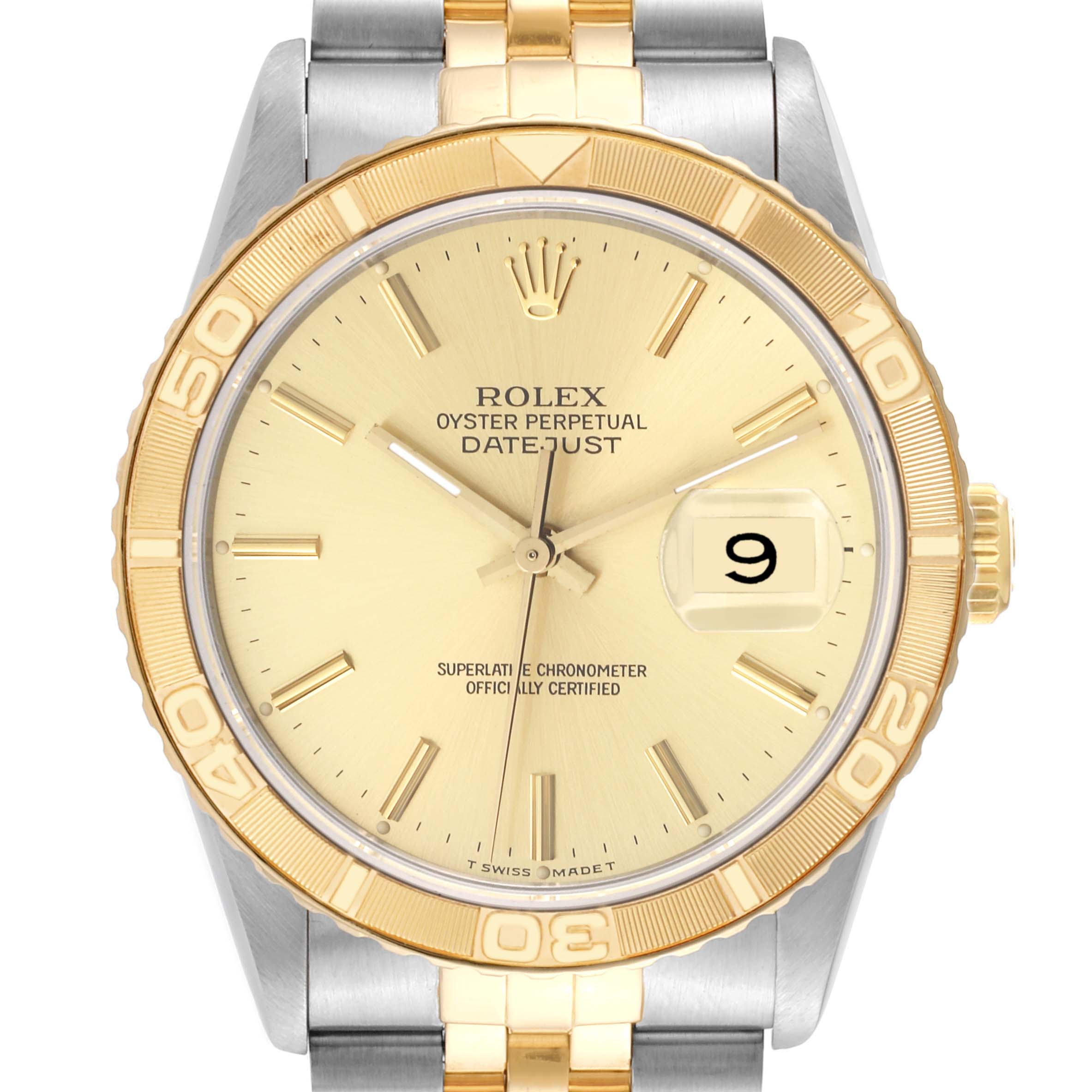 This is a front view of a Rolex Turn-o-Graph 16263 Men
s Steel and Gold (two tone) Champagne Dial 16263 Men
s Steel and Gold (two tone) Champagne Dial model watch, displaying the dial, hands, date, and bezel clearly.
