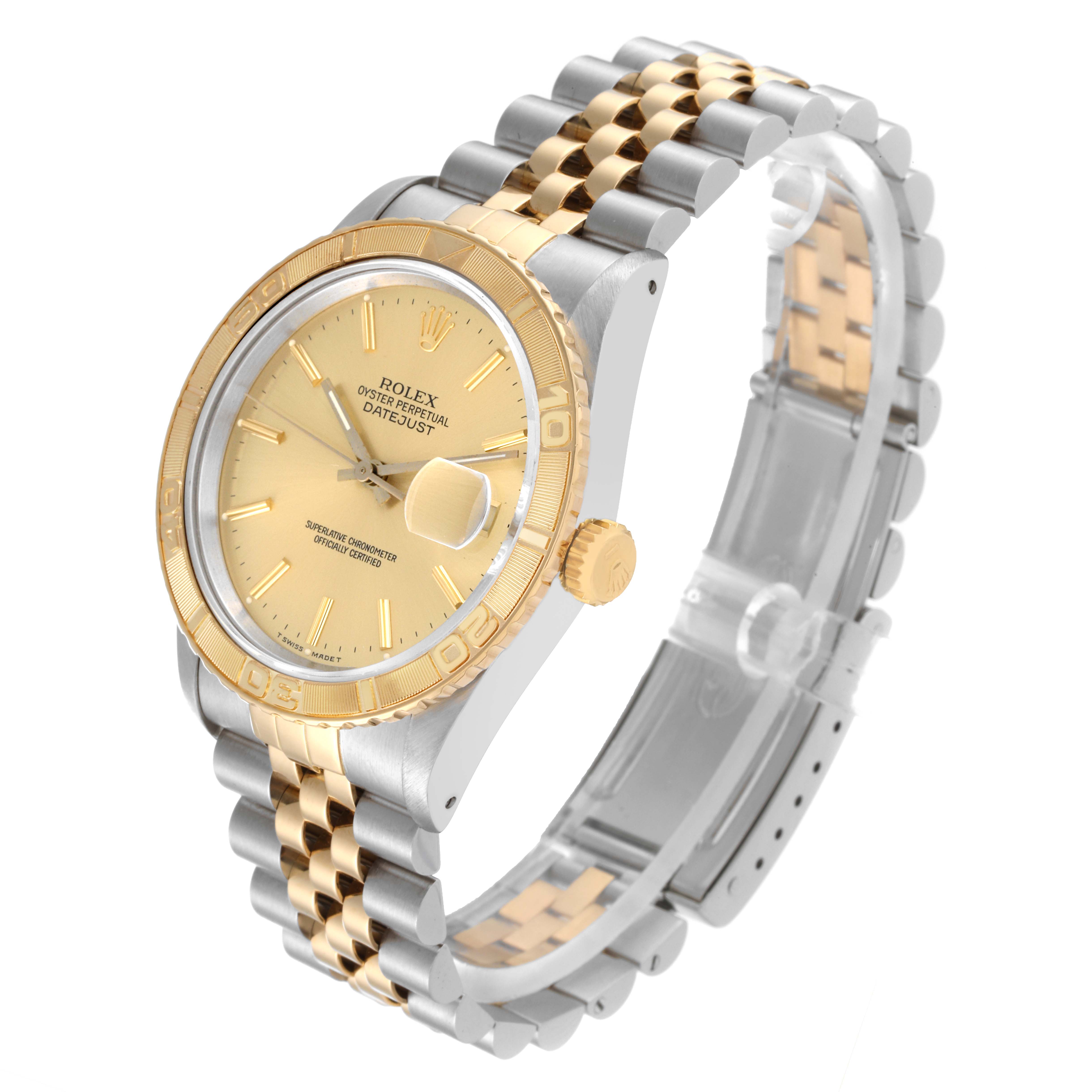 The image shows a side angle of the Rolex Turn-o-Graph 16263 Men
s Steel and Gold (two tone) Champagne Dial 16263 Men
s Steel and Gold (two tone) Champagne Dial, highlighting its gold bezel, dial, and two-tone bracelet.