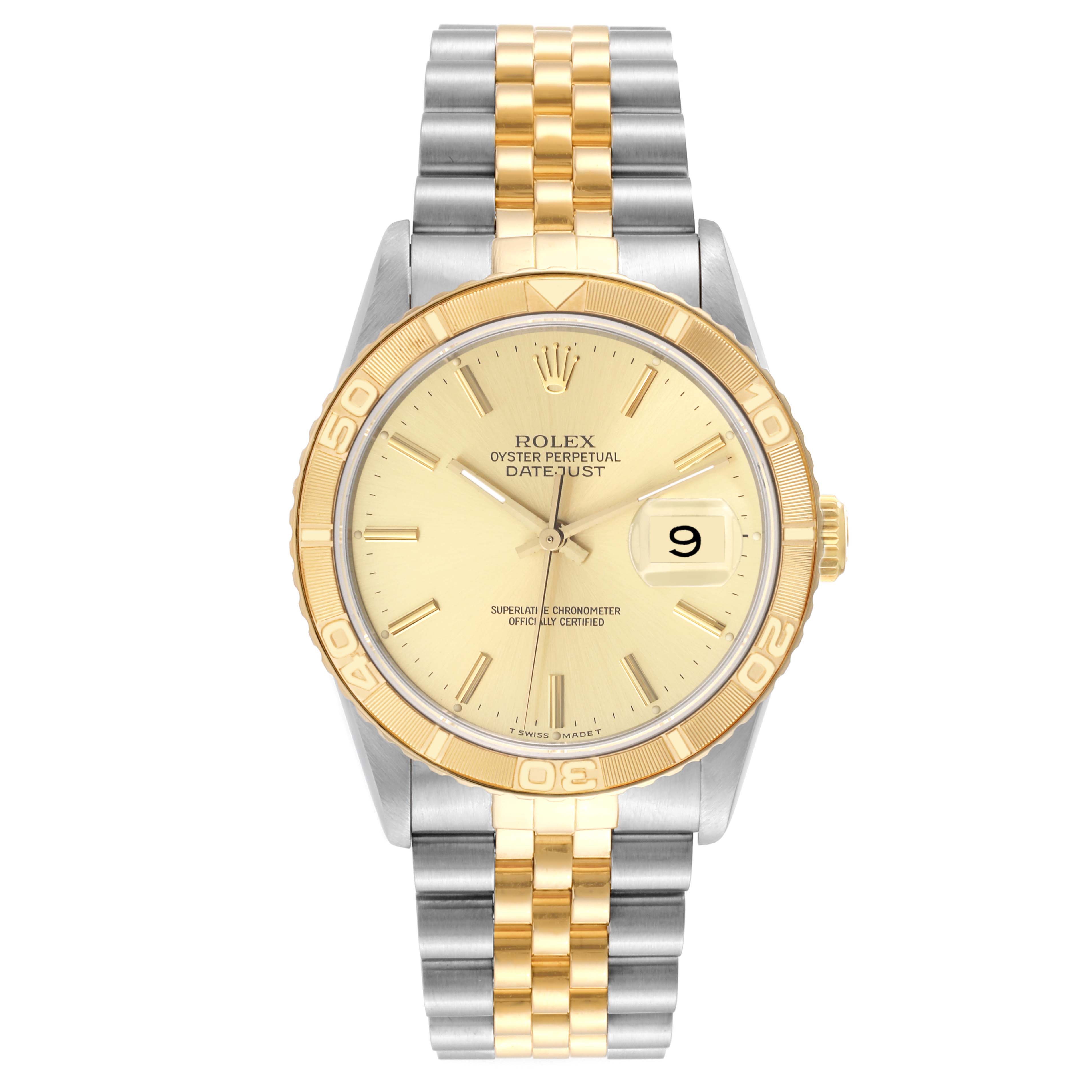 The image shows a front view of the Rolex Turn-o-Graph 16263 Men
s Steel and Gold (two tone) Champagne Dial 16263 Men
s Steel and Gold (two tone) Champagne Dial watch, displaying its gold and silver design, dial, and bracelet.