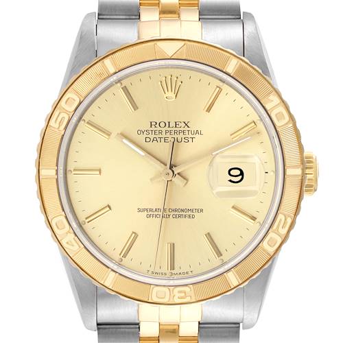 The image shows a frontal view of the Rolex Turn-o-Graph watch, highlighting its gold bezel, dial, and two-tone bracelet.