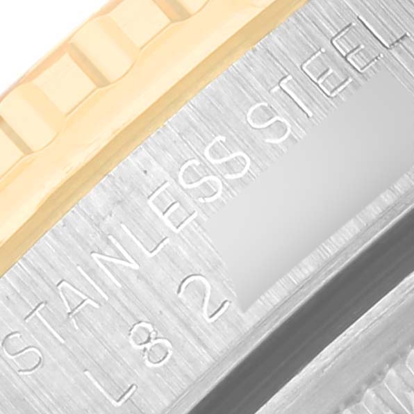 This close-up image shows the stainless steel case and part of the bezel of a Rolex Turn-o-Graph 16263 Men
s Steel and Gold (two tone) Champagne Dial 16263 Men
s Steel and Gold (two tone) Champagne Dial watch.