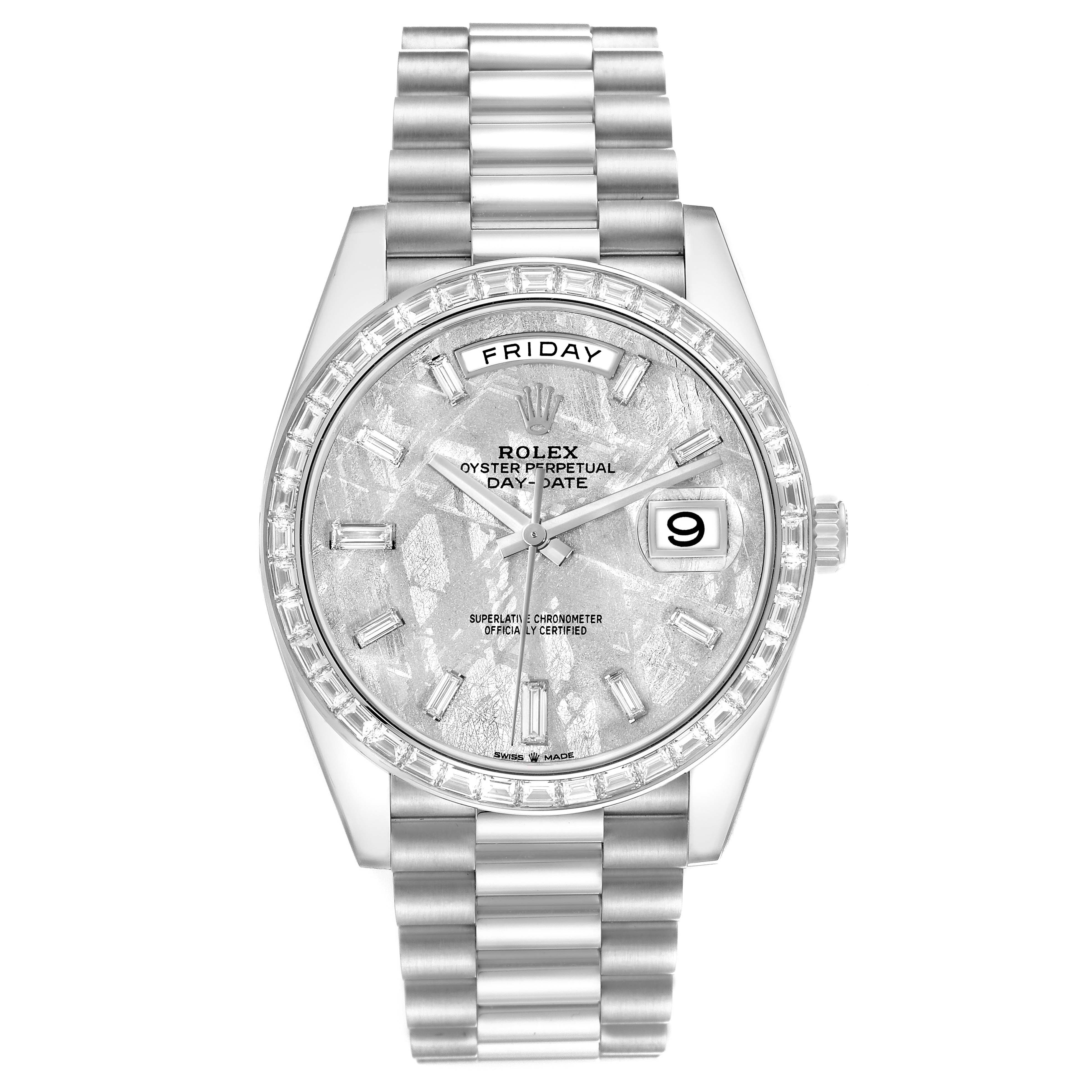 The Rolex President 228396 Men
s Platinum Silver Dial model is shown from a front angle, highlighting the dial, bezel, bracelet, and day-date feature.