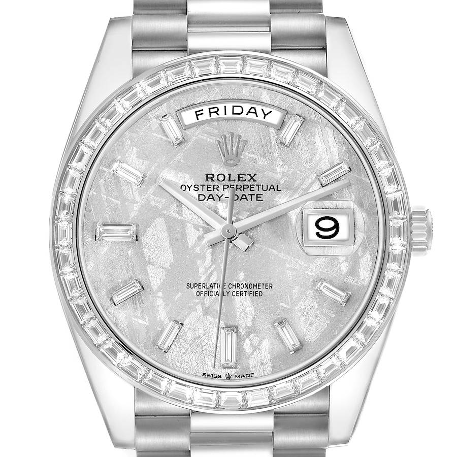 The Rolex President 228396 Men's Platinum Silver Dial model is shown from a frontal angle, displaying its face, bezel, and part of the bracelet.