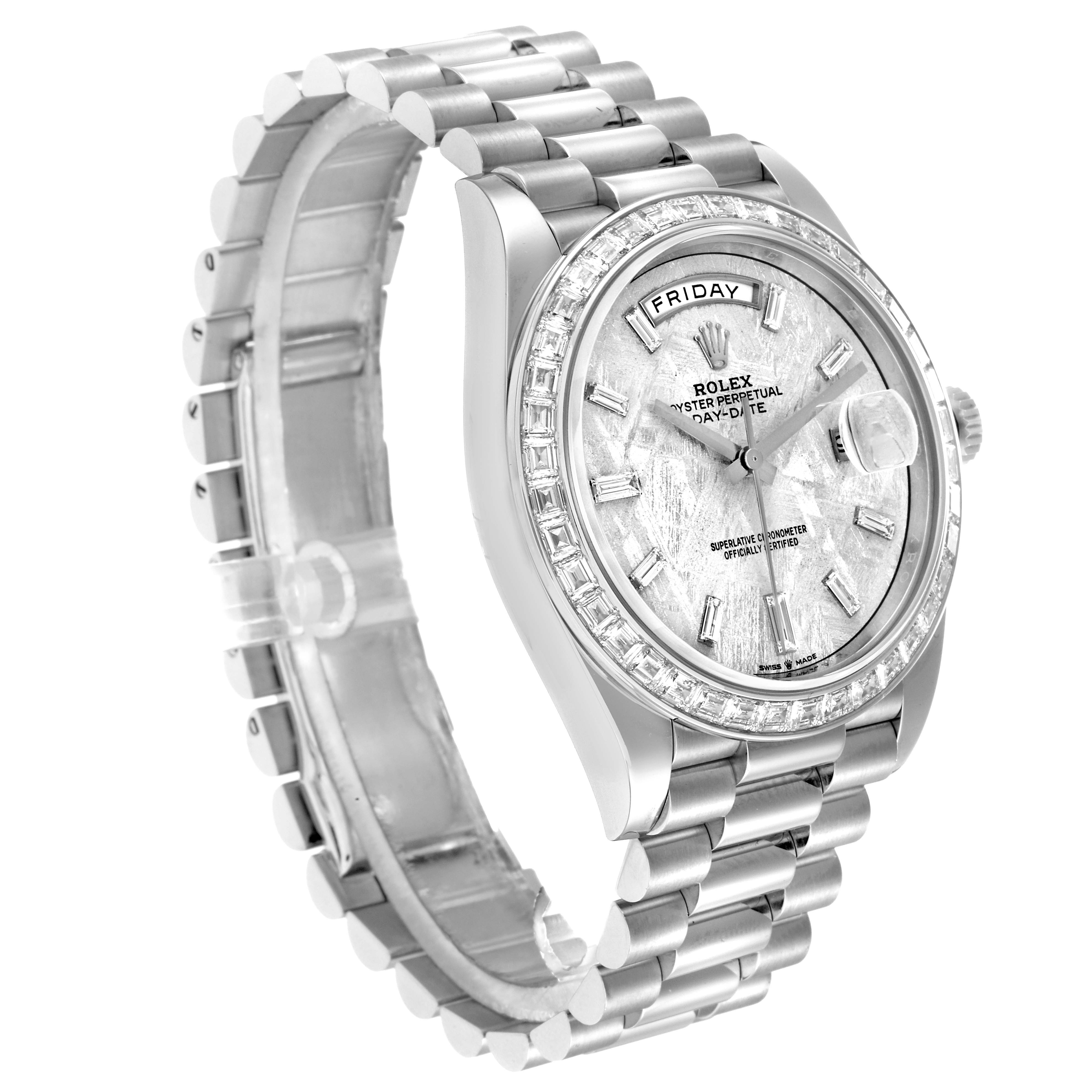 The Rolex President 228396 Men
s Platinum Silver Dial watch is shown at a slight angle, displaying the full bracelet, bezel, dial, and crown.