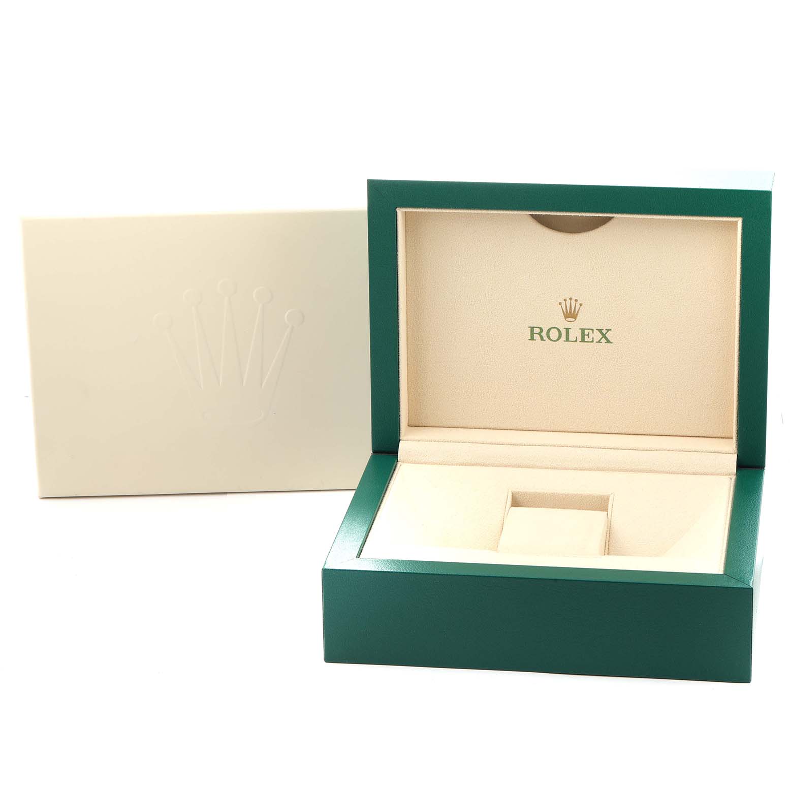 The image shows a Rolex President 228396 Men
s Platinum Silver Dial watch box with its lid open, displaying the interior lining and the embossed logo.