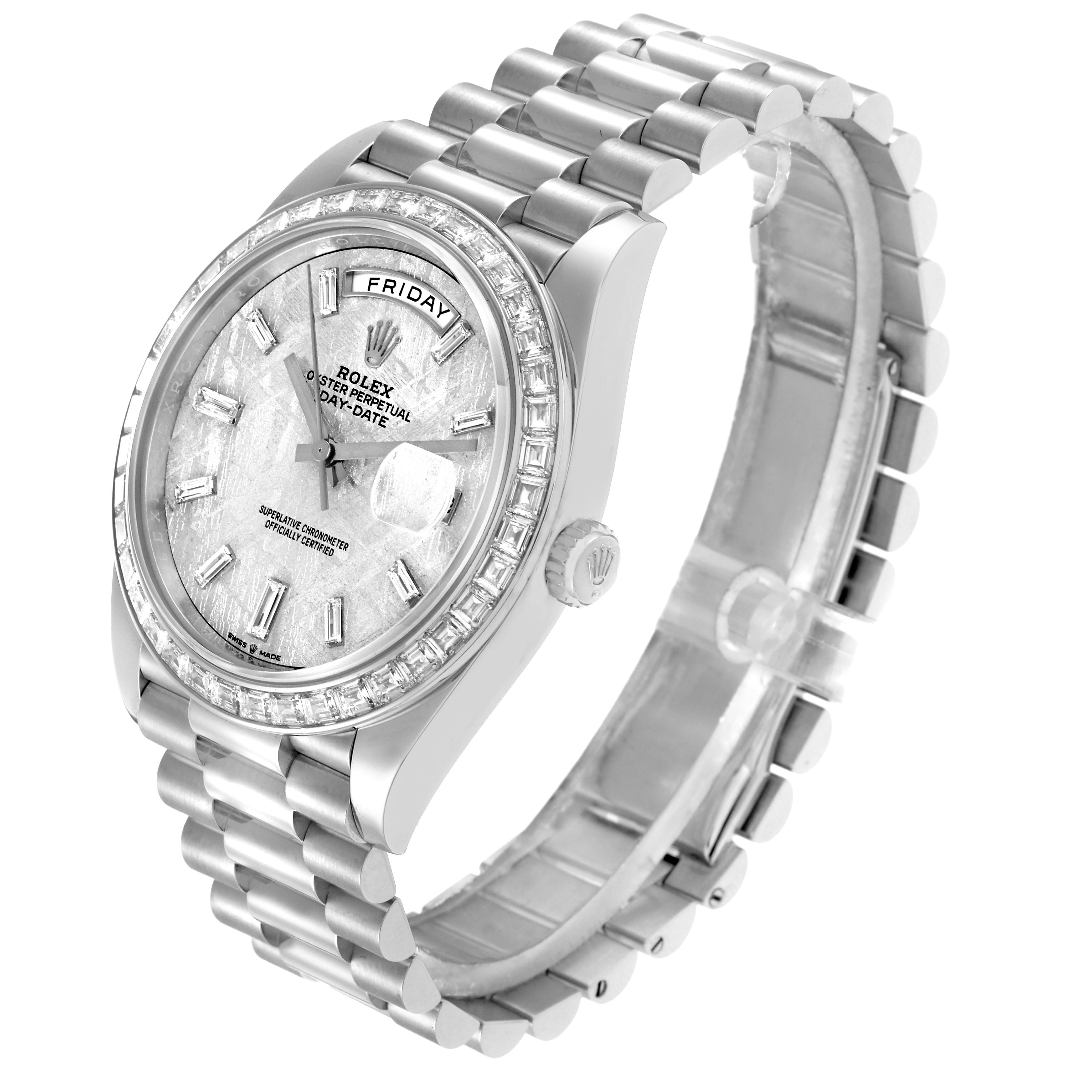 The Rolex President 228396 Men
s Platinum Silver Dial model is shown at a slight angle, displaying its face, bezel, crown, and part of the bracelet.