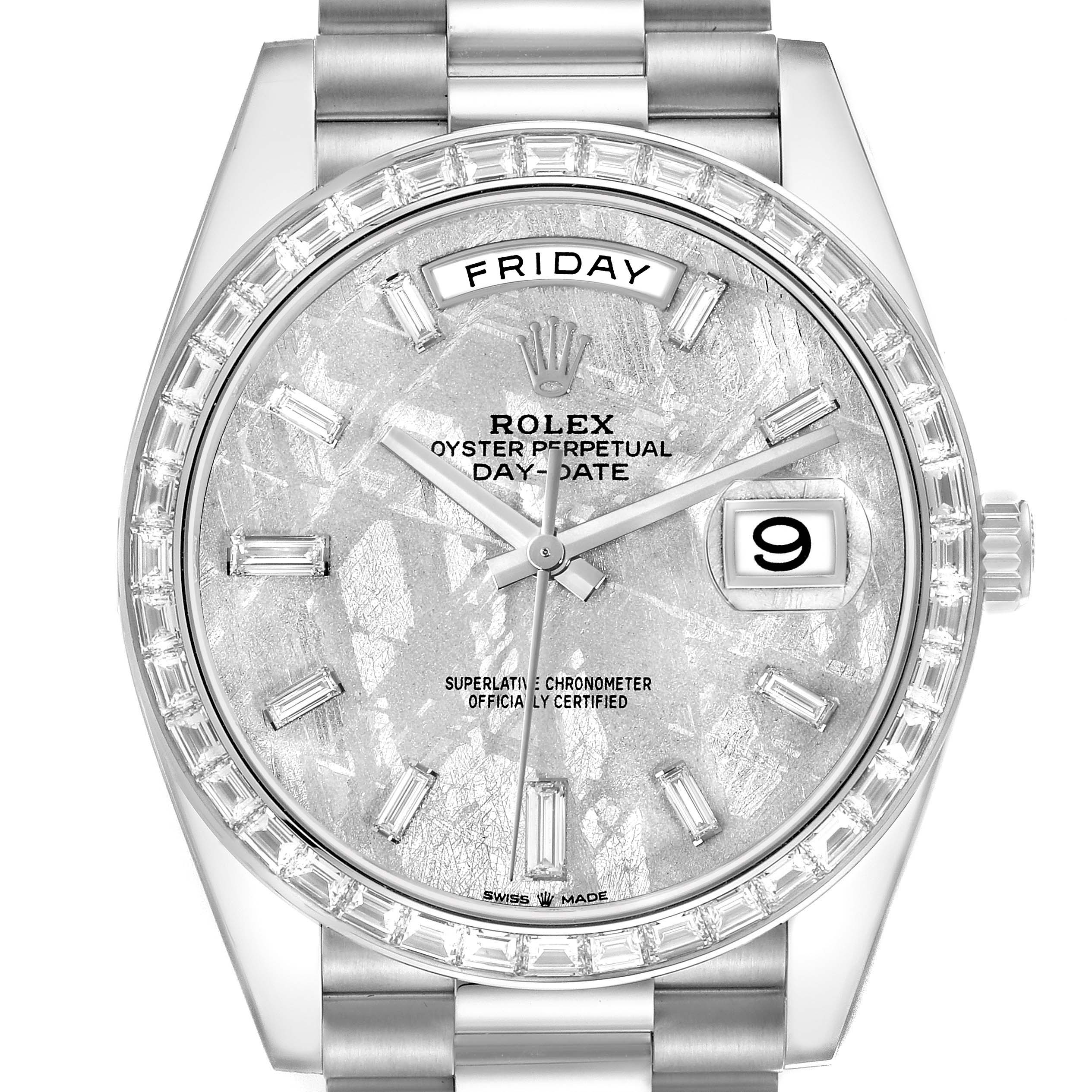 The image shows a front view of the Rolex President 228396 Men
s Platinum Silver Dial Day-Date watch, highlighting the dial, bezel, and bracelet.