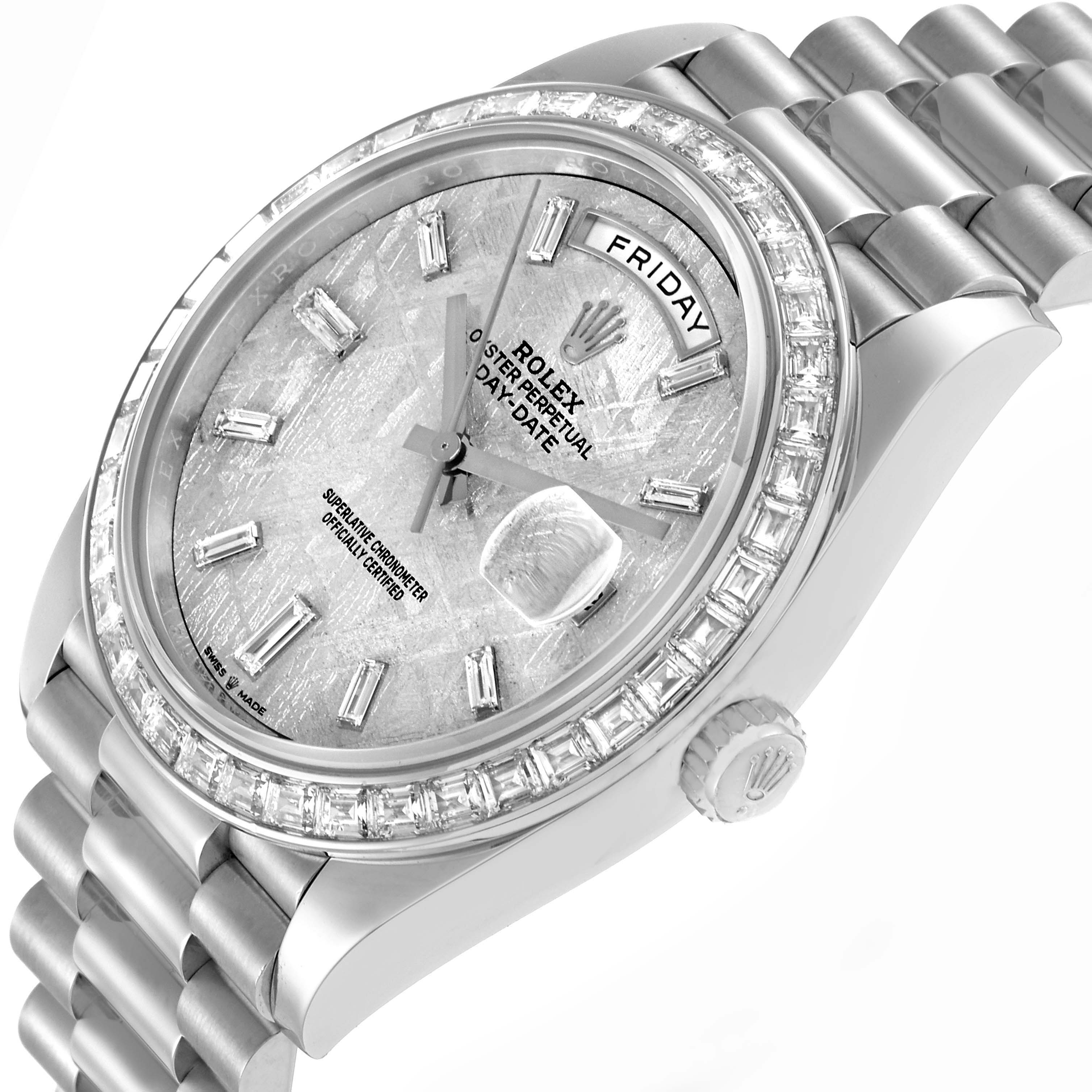 The image shows a Rolex President 228396 Men
s Platinum Silver Dial watch at a three-quarter angle, highlighting the bezel, bracelet, dial, day-date window, and crown.