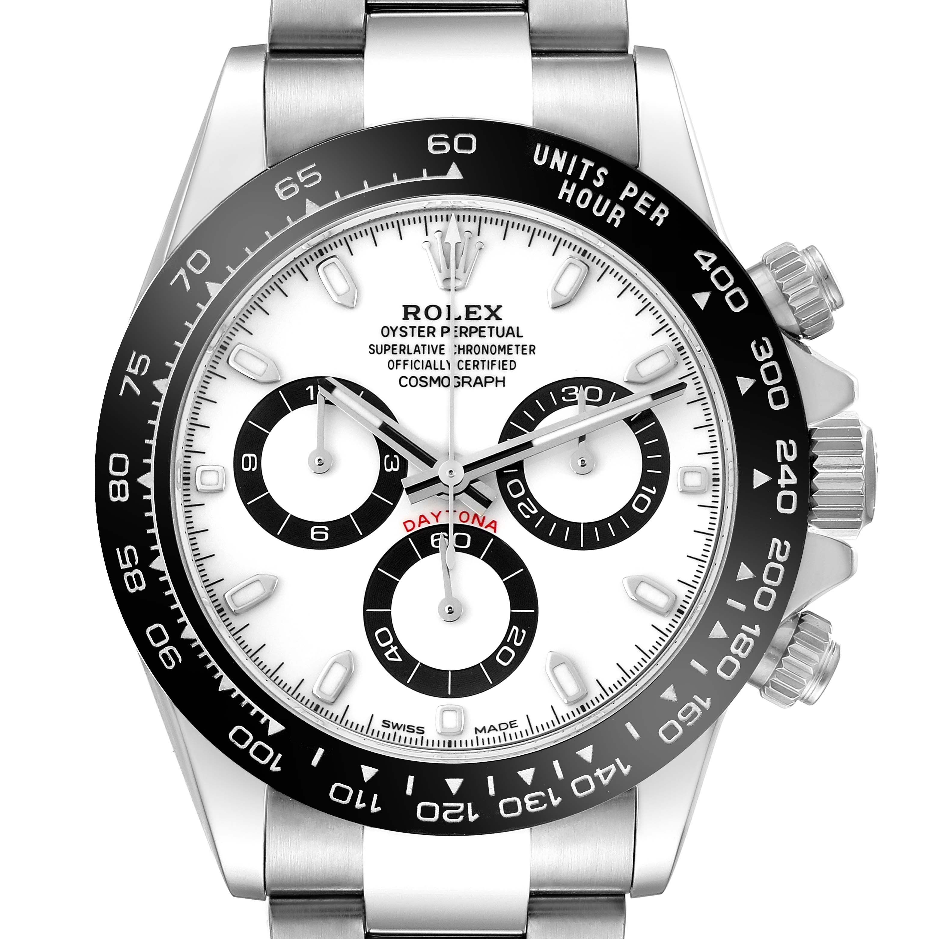 The Rolex Daytona 116500 Men
s Stainless Steel White Dial watch is shown from a front angle, highlighting its dial, bezel, and buttons.
