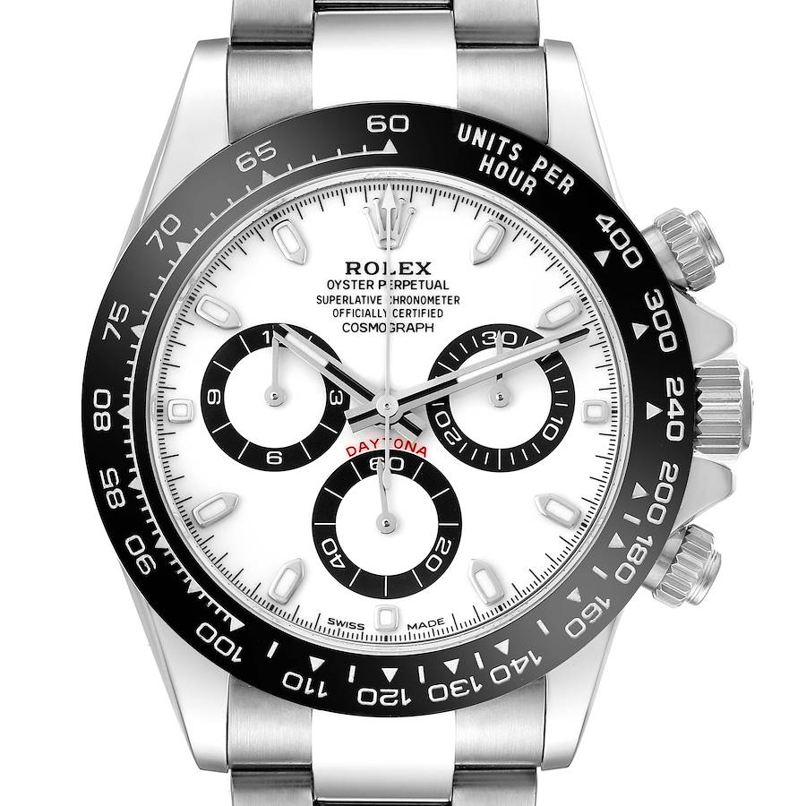 The Rolex Daytona 116500 Men's Stainless Steel White Dial watch is shown from a front angle, highlighting its dial, bezel, and buttons.