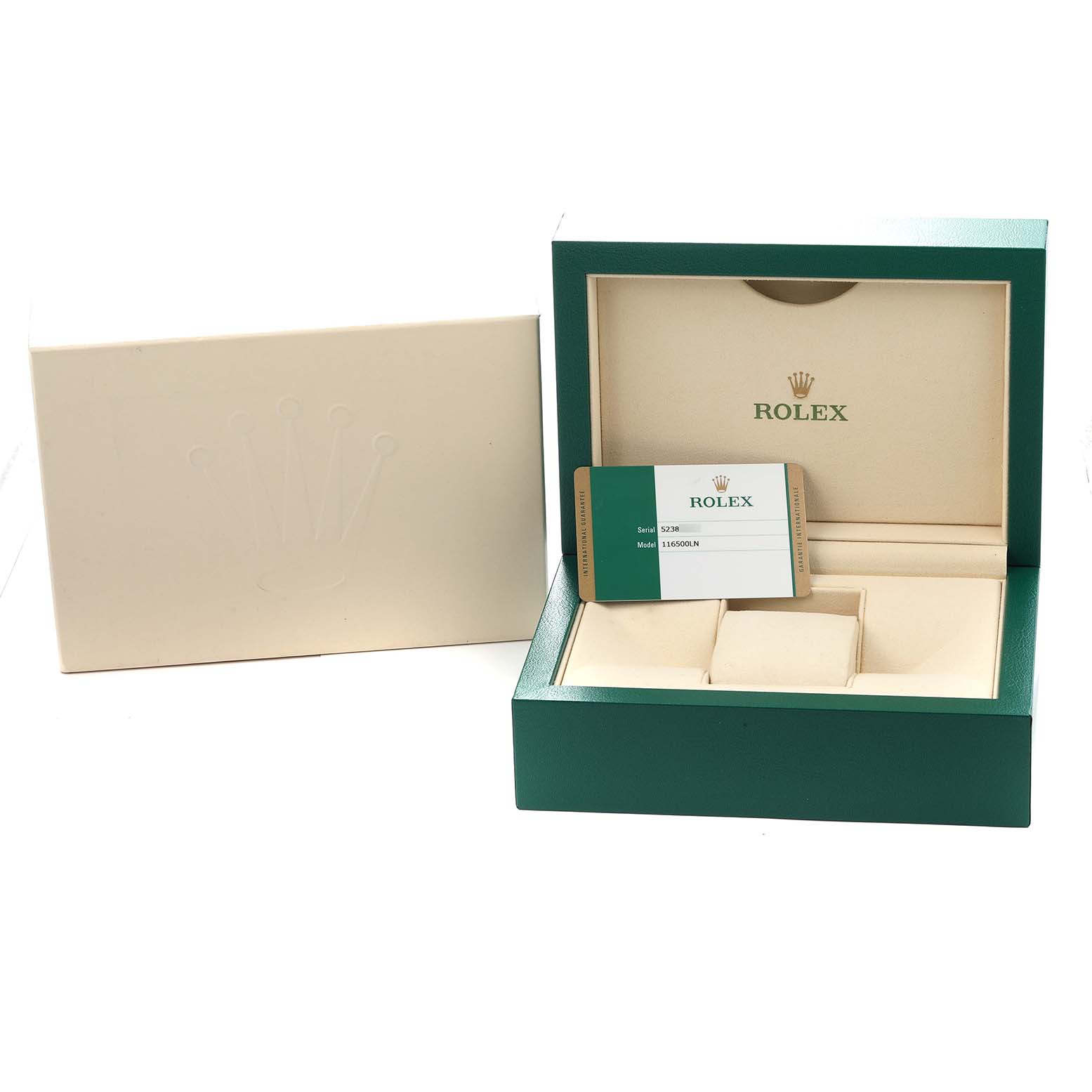 The image shows a Rolex Daytona 116500 Men
s Stainless Steel White Dial watch box and warranty card, including the outer box and interior compartments.