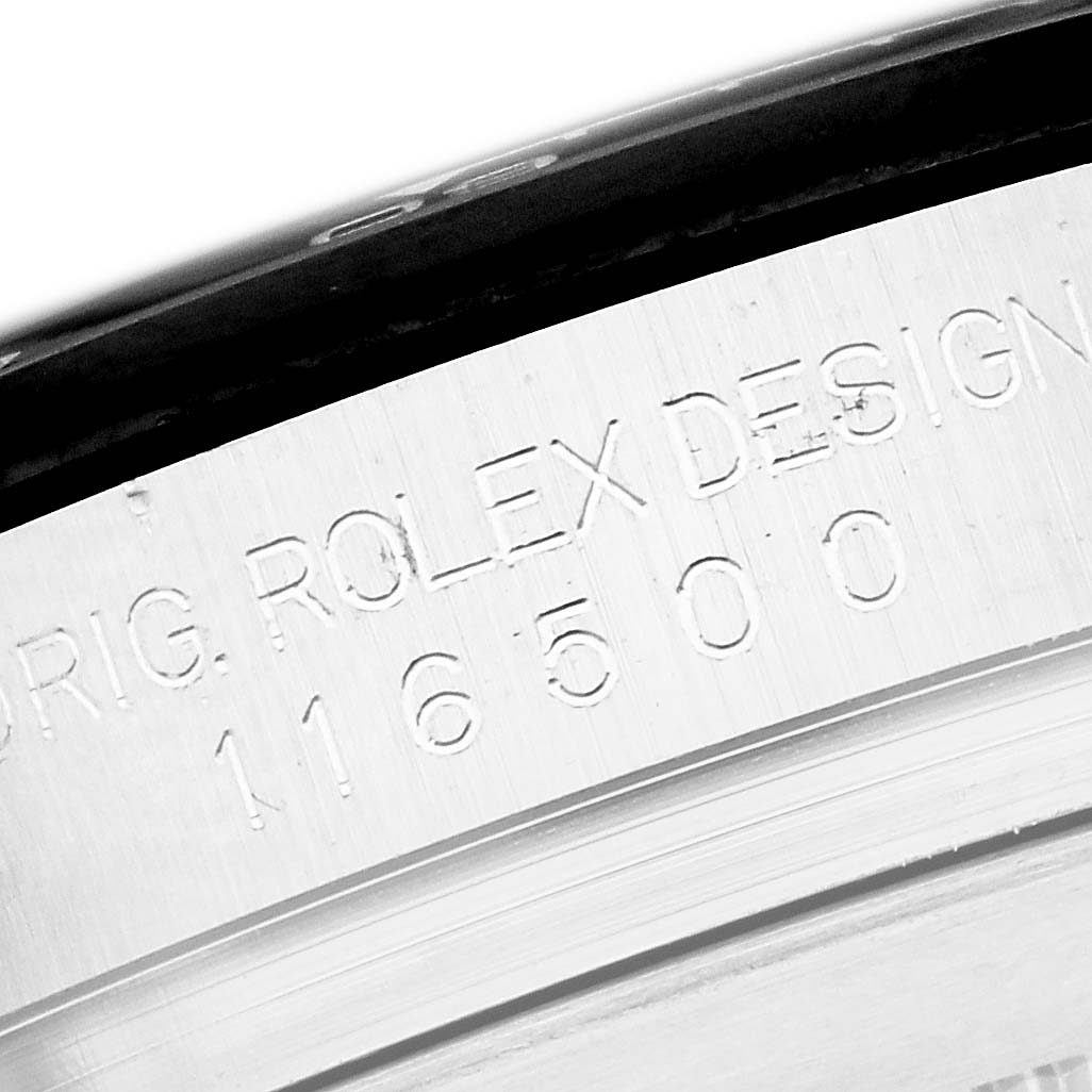The image shows the engraved model number "116500" on the side of the case of a Rolex Daytona 116500 Men
s Stainless Steel White Dial watch.