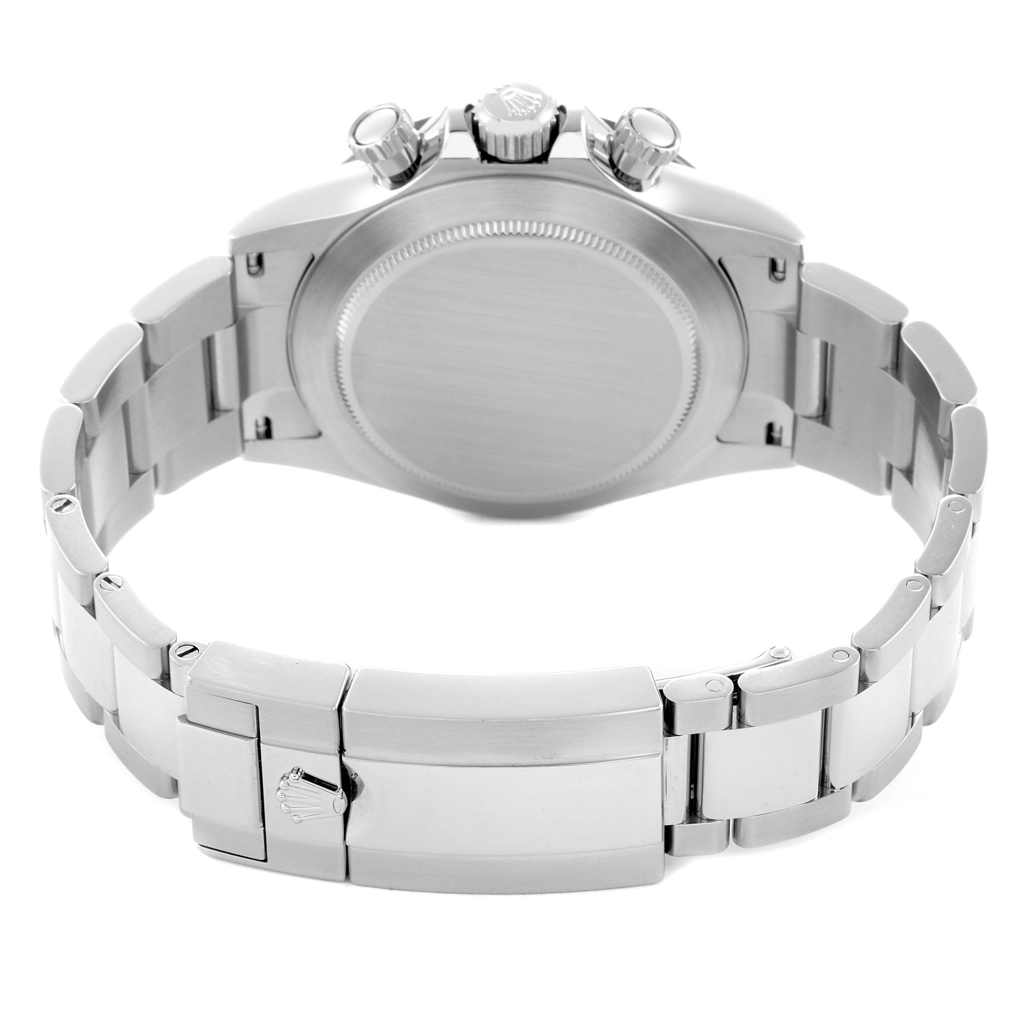 The image shows the Rolex Daytona 116500 Men
s Stainless Steel White Dial model from the back, highlighting the case back, bracelet, and clasp.