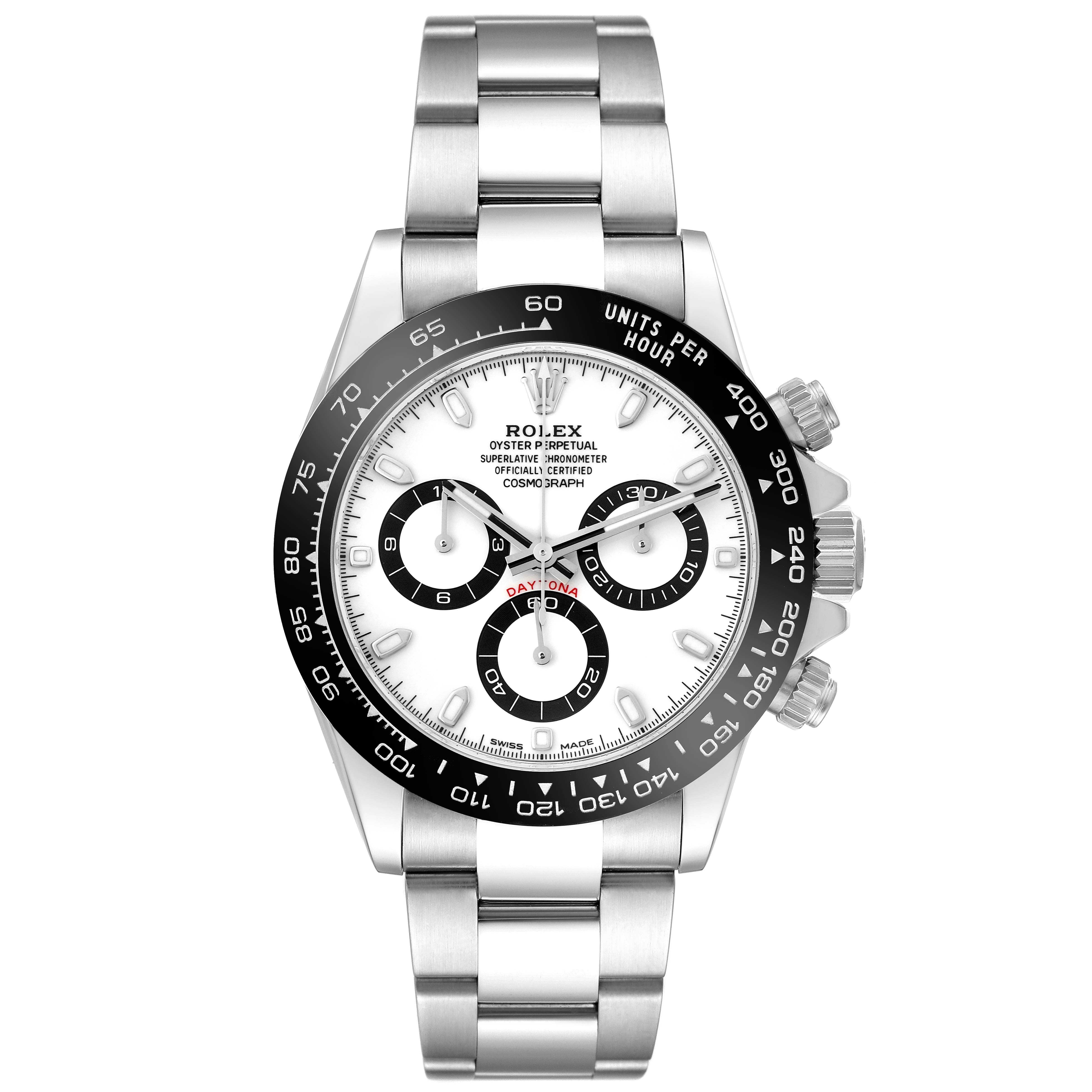 The Rolex Daytona 116500 Men
s Stainless Steel White Dial watch is shown from the front, displaying its face, bezel, and bracelet clearly.