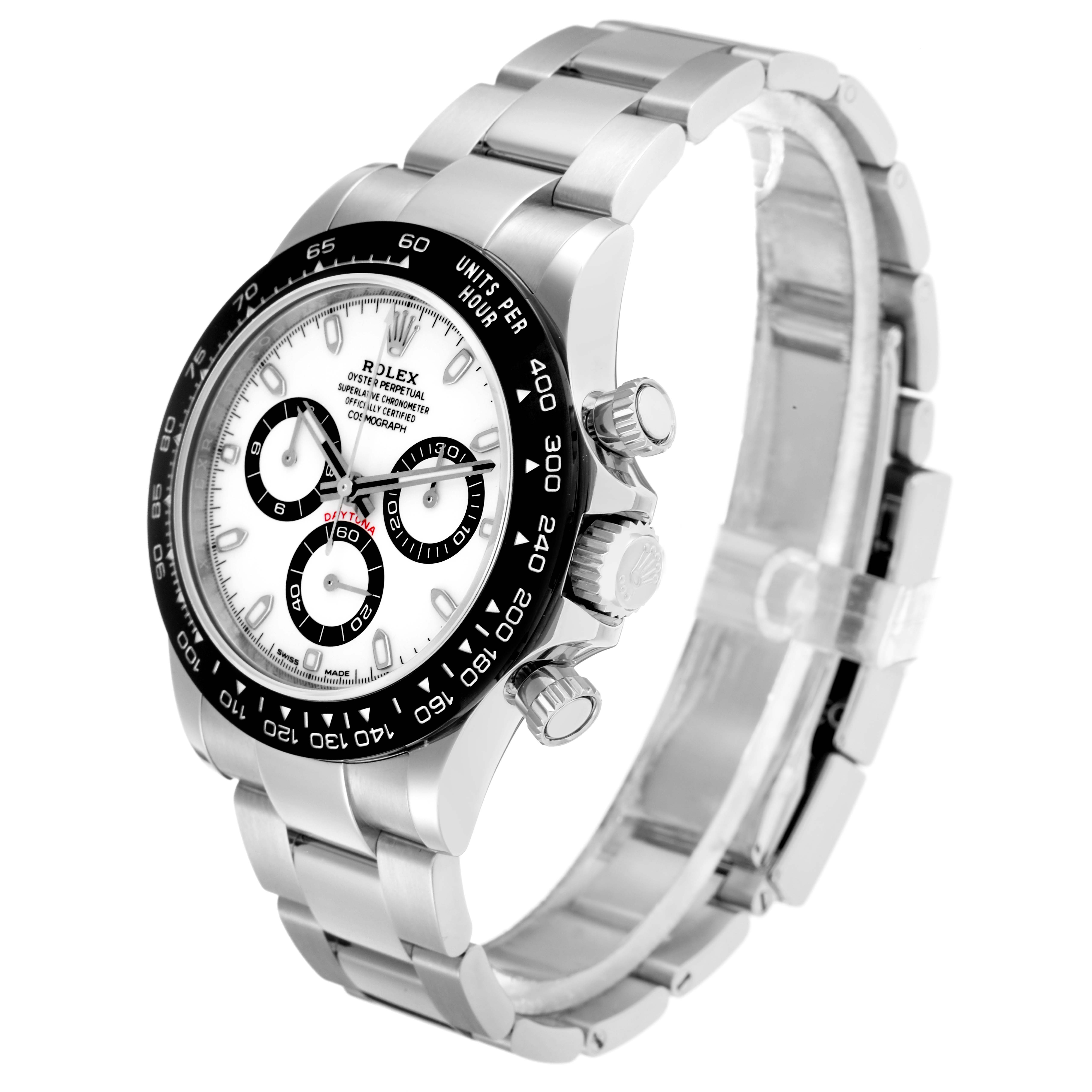 The Rolex Daytona 116500 Men
s Stainless Steel White Dial watch is shown at a three-quarter angle, displaying the bracelet, bezel, dial, pushers, and crown.