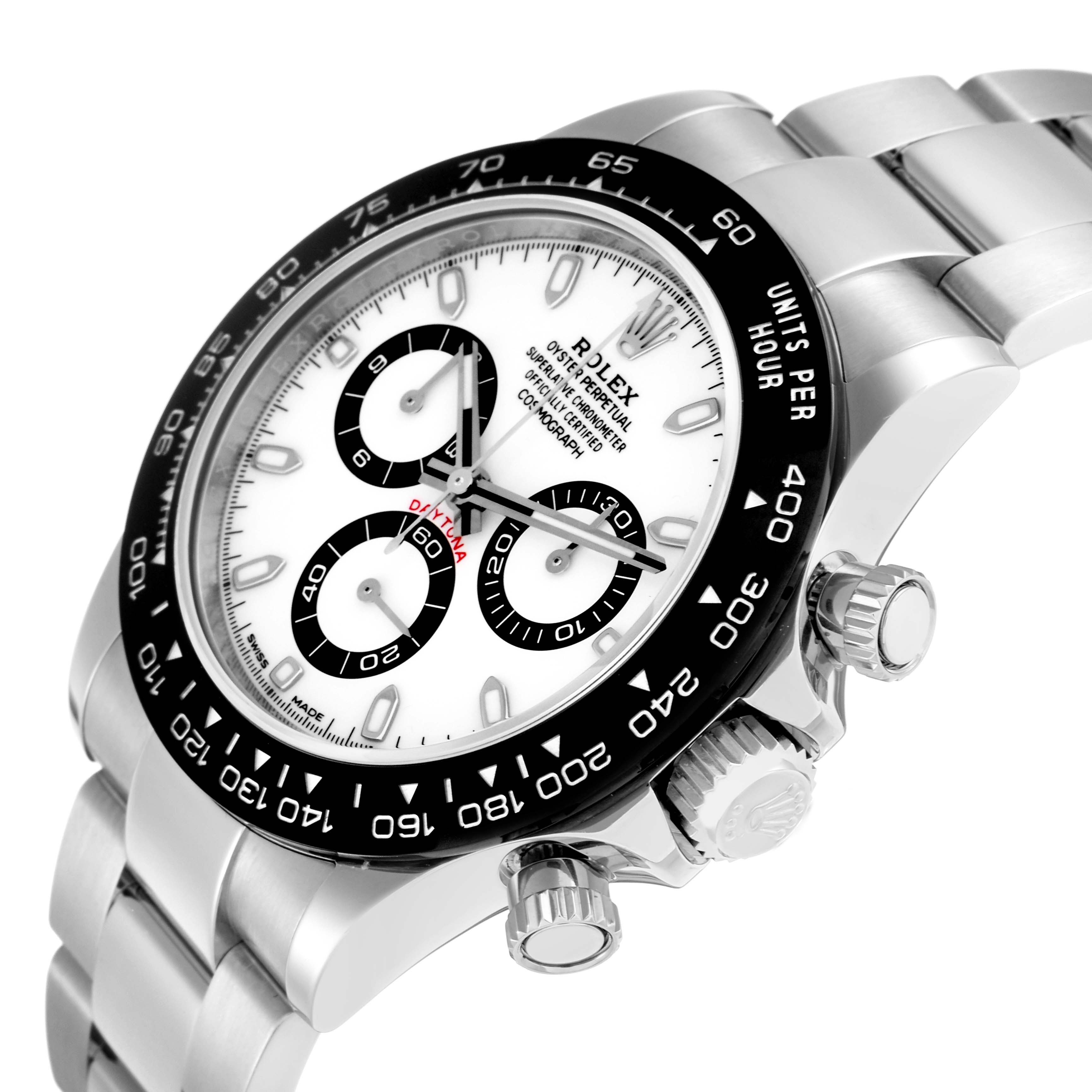 The Rolex Daytona 116500 Men
s Stainless Steel White Dial is shown at a slight angle, highlighting the watch face, bezel, and side chronograph buttons.