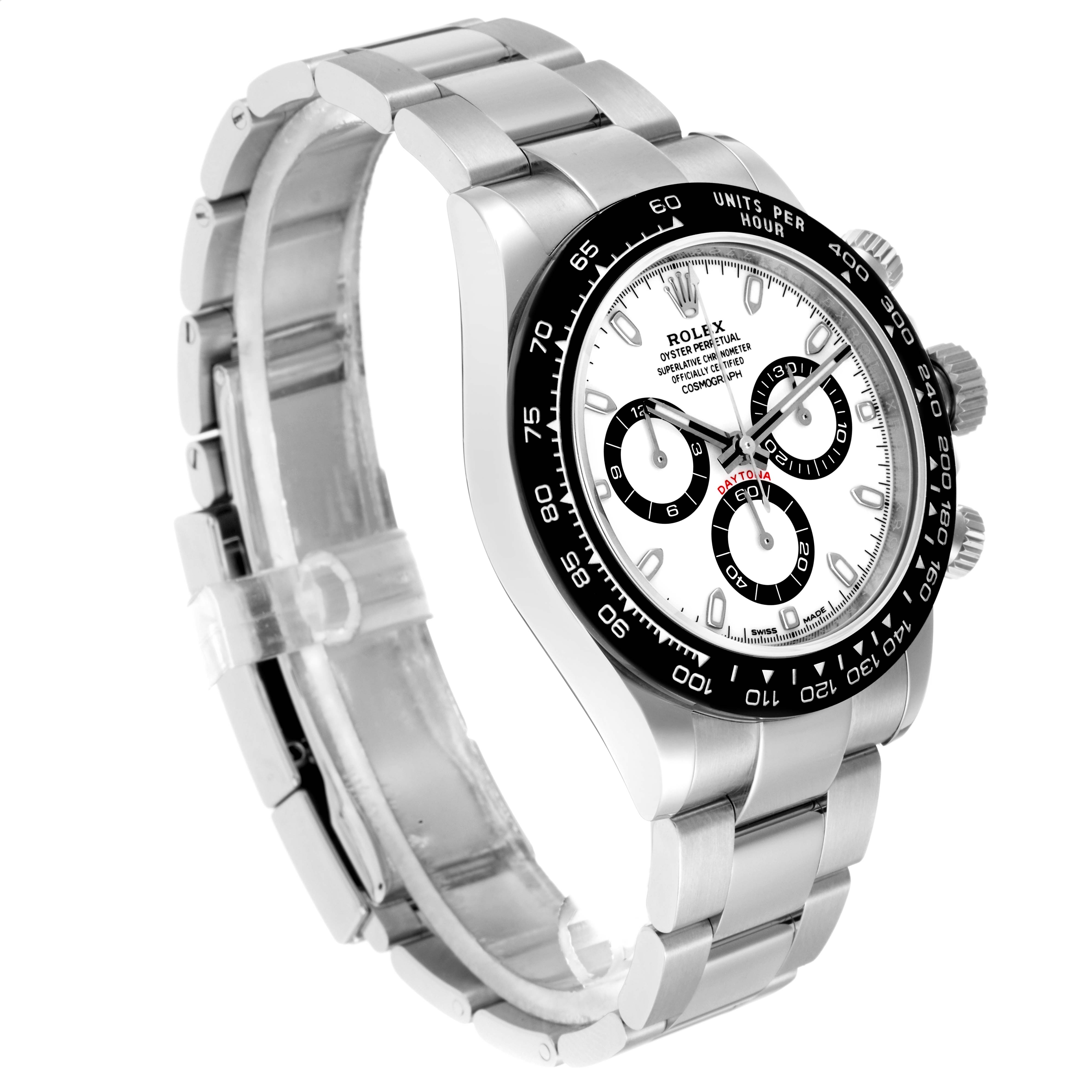 The Rolex Daytona 116500 Men
s Stainless Steel White Dial watch is shown at a three-quarter angle, highlighting the face, bezel, and side bracelet.