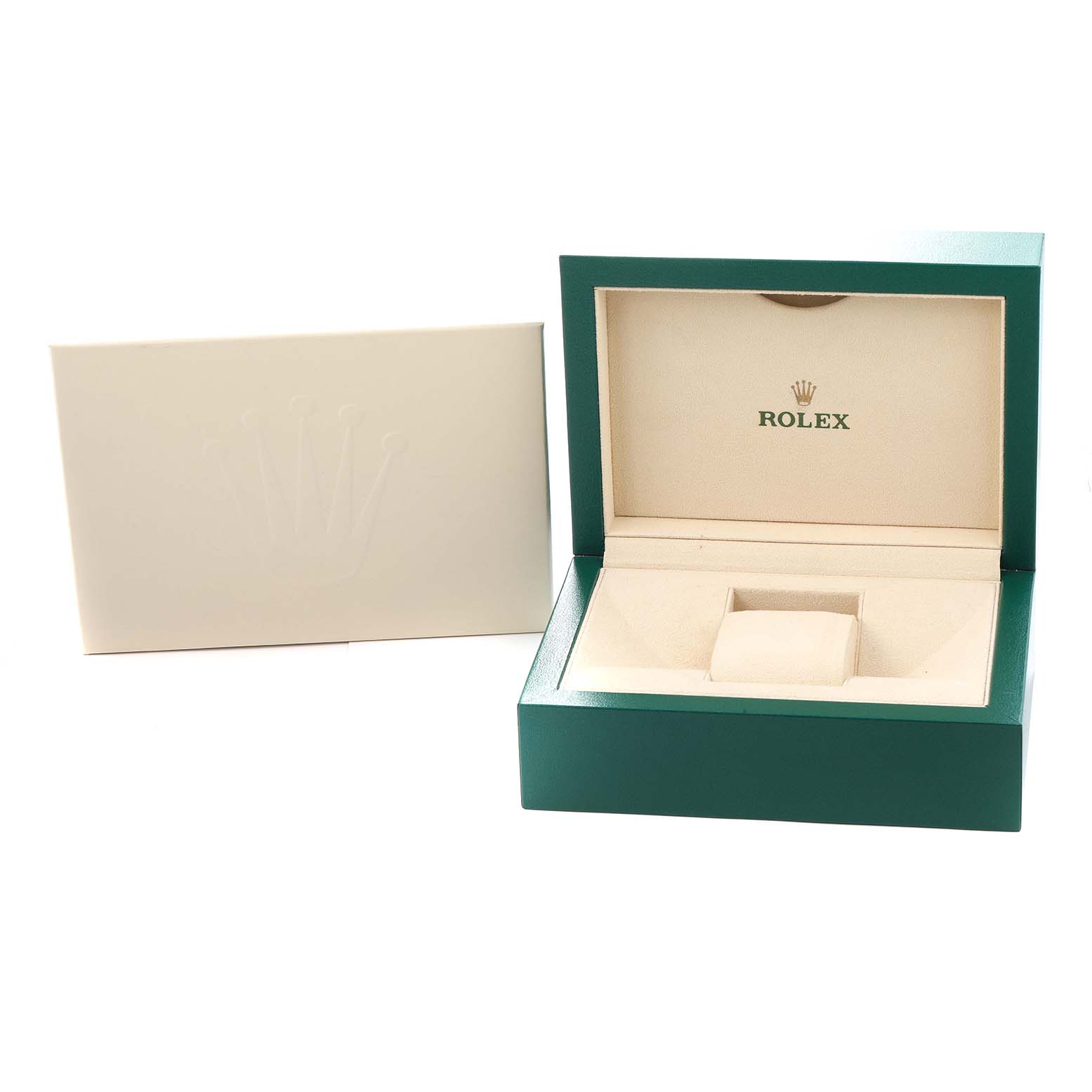 The image shows the open box and outer cover of a Rolex Daytona 116503 Men
s Steel and Gold (two tone) Mother of Pearl Dial watch.