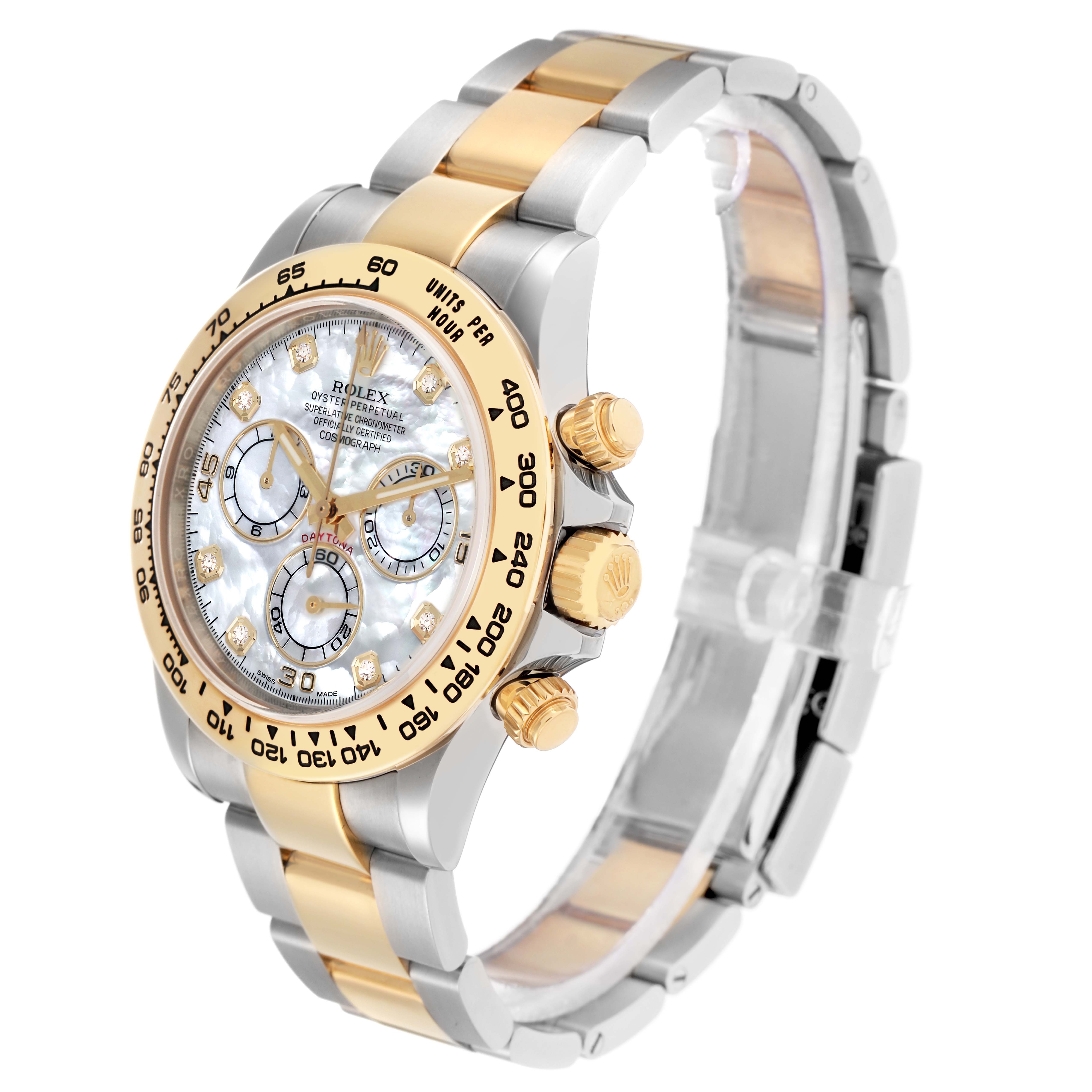 The Rolex Daytona 116503 Men
s Steel and Gold (two tone) Mother of Pearl Dial watch is shown from a front-side angle, displaying the face, bezel, crown, and bracelet.