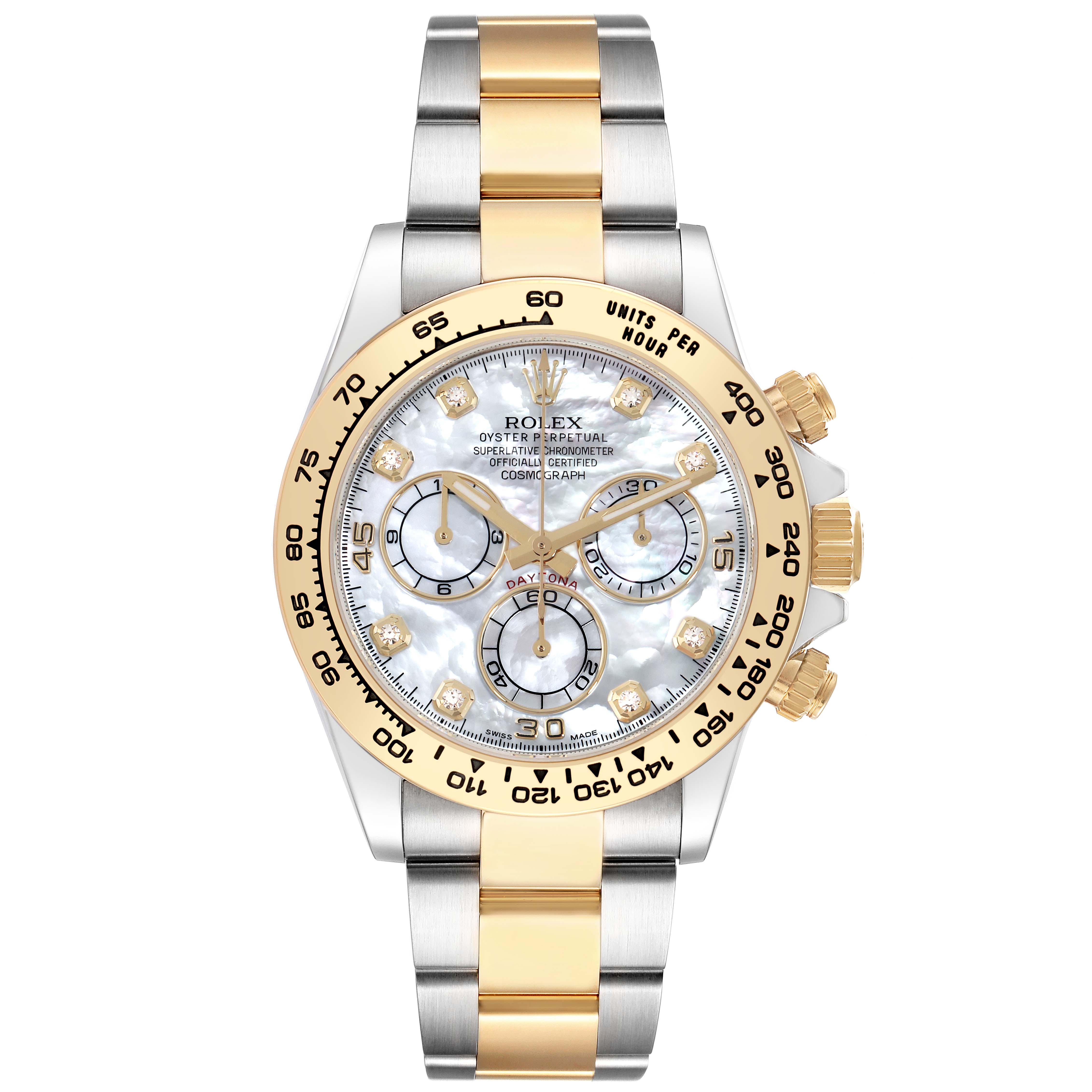 The Rolex Daytona 116503 Men
s Steel and Gold (two tone) Mother of Pearl Dial watch is shown from the front, highlighting its dial, bezel, and two-tone bracelet.
