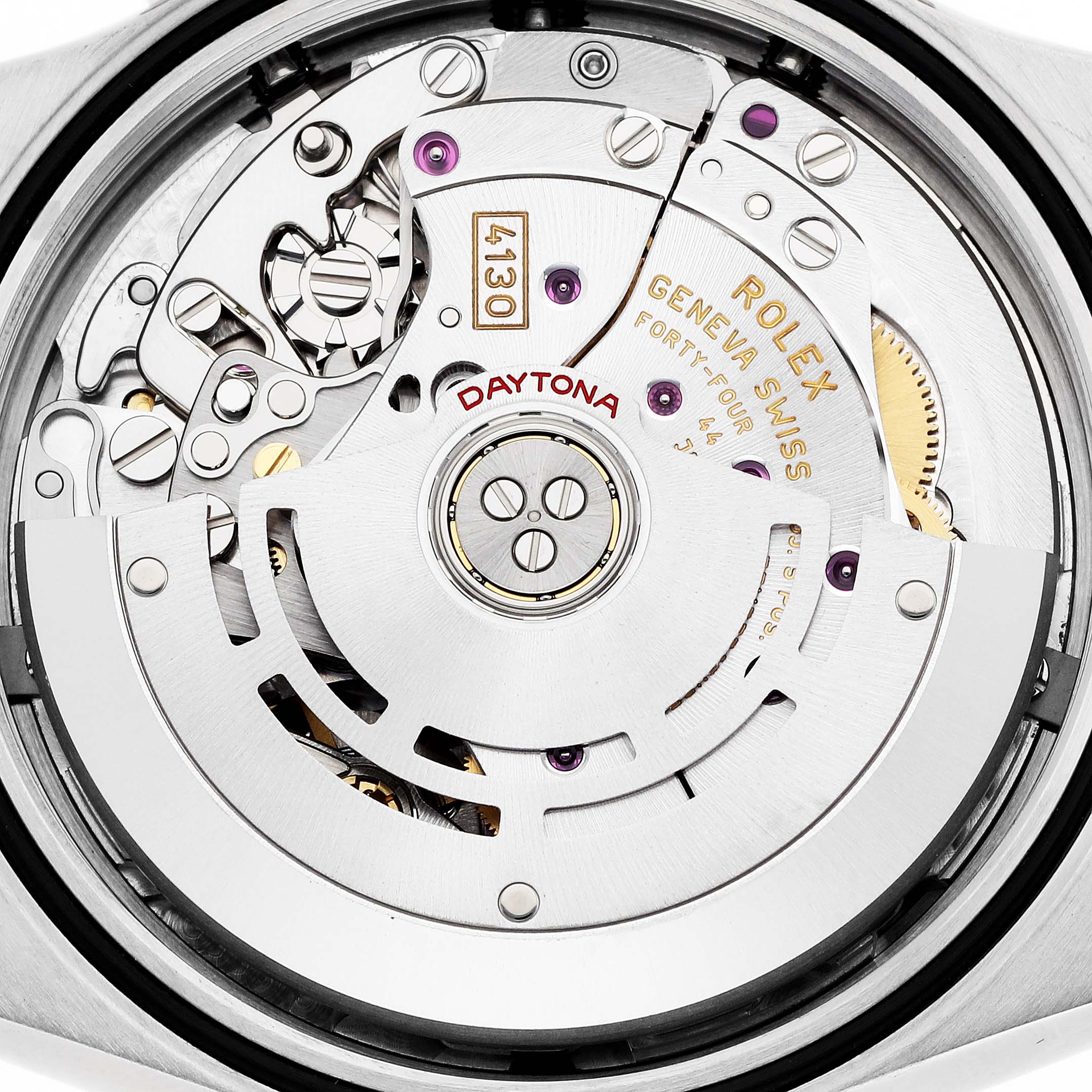 The image shows the movement of a Rolex Daytona 116503 Men
s Steel and Gold (two tone) Mother of Pearl Dial watch, highlighting its intricate internal components from a close-up angle.