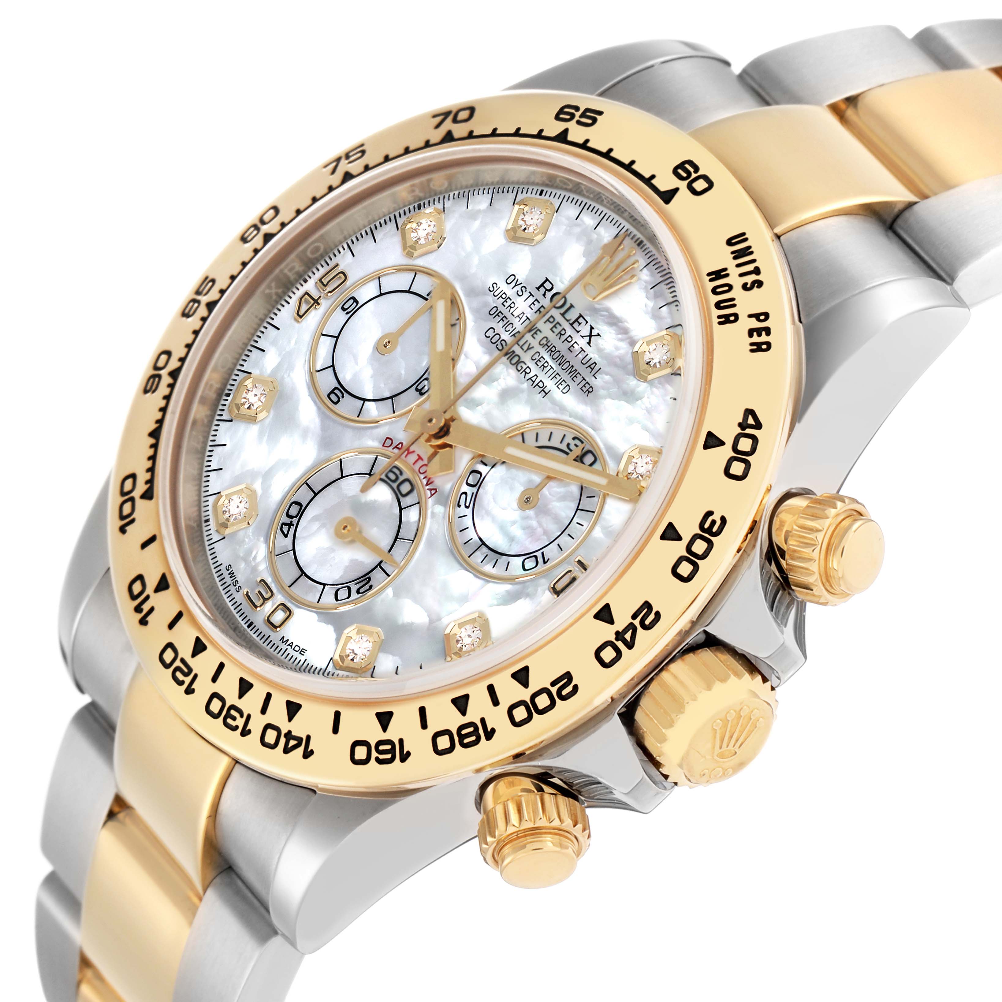 The Rolex Daytona 116503 Men
s Steel and Gold (two tone) Mother of Pearl Dial watch is shown at an angle highlighting its gold and steel bracelet, bezel, dial, and crown.