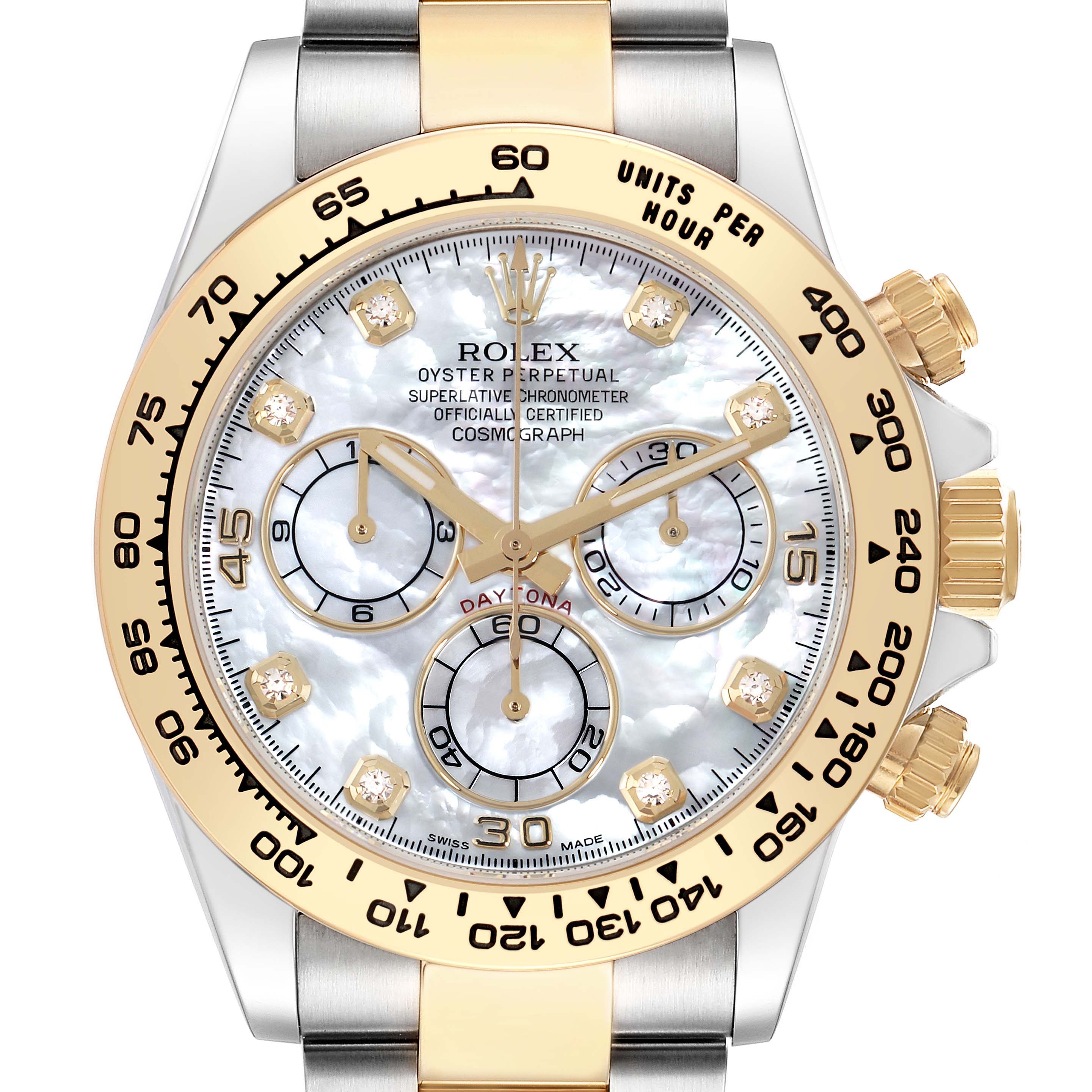 The Rolex Daytona 116503 Men
s Steel and Gold (two tone) Mother of Pearl Dial watch is shown from the front, highlighting its bezel, dial, subdials, and crown.