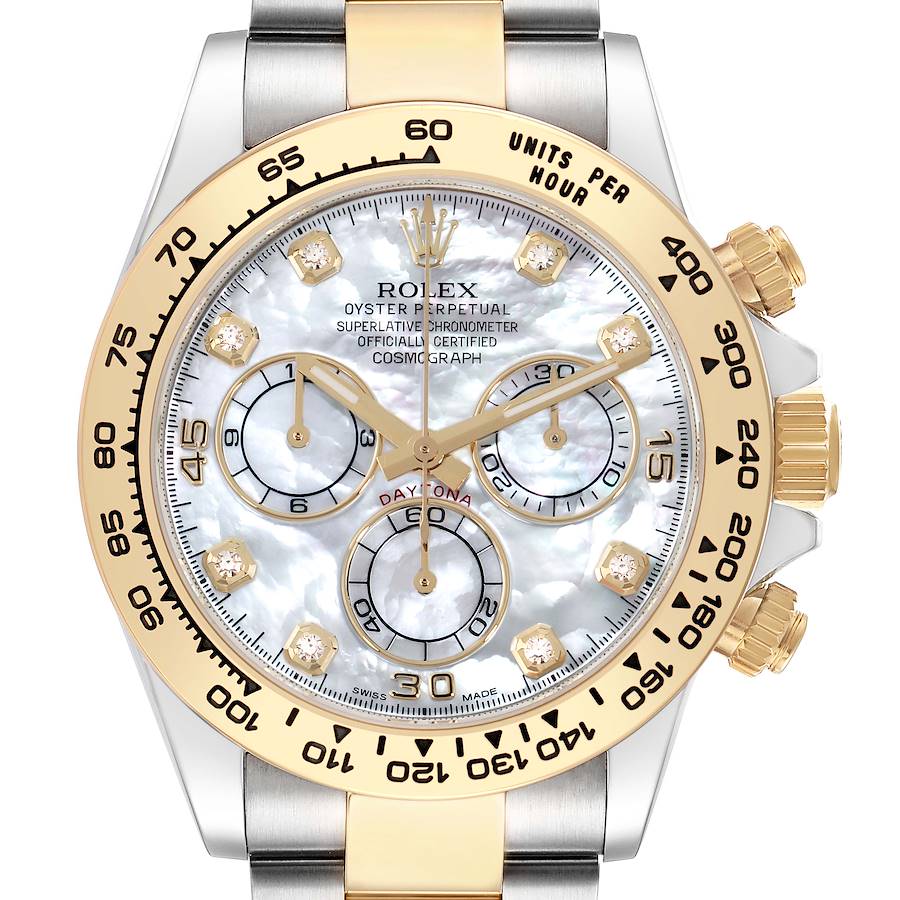The Rolex Daytona 116503 Men's Steel and Gold (two tone) Mother of Pearl Dial watch is shown from the front, highlighting its bezel, dial, subdials, and crown.