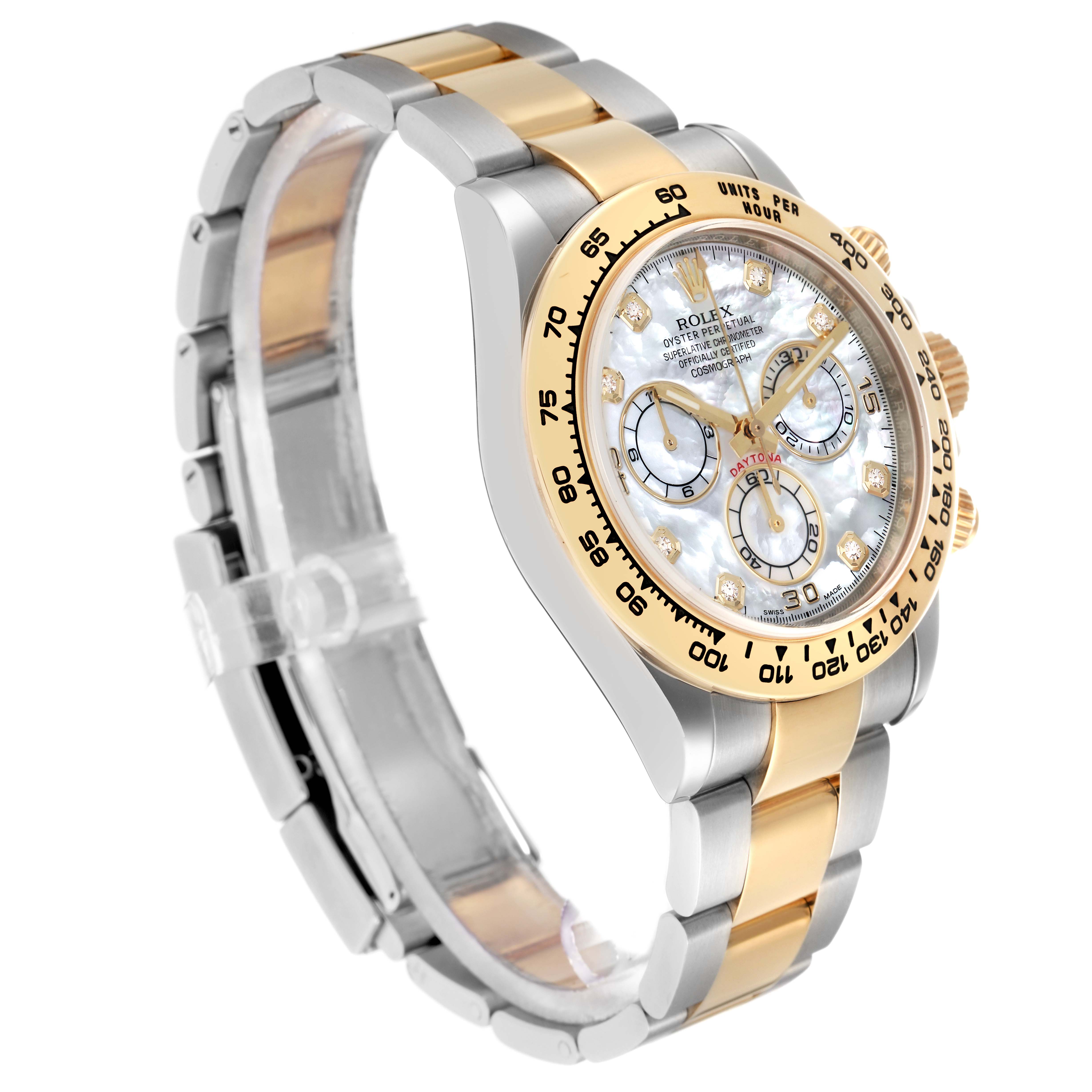 The Rolex Daytona 116503 Men
s Steel and Gold (two tone) Mother of Pearl Dial watch is shown at a three-quarter angle, displaying its dial, bezel, crown, and bracelet.