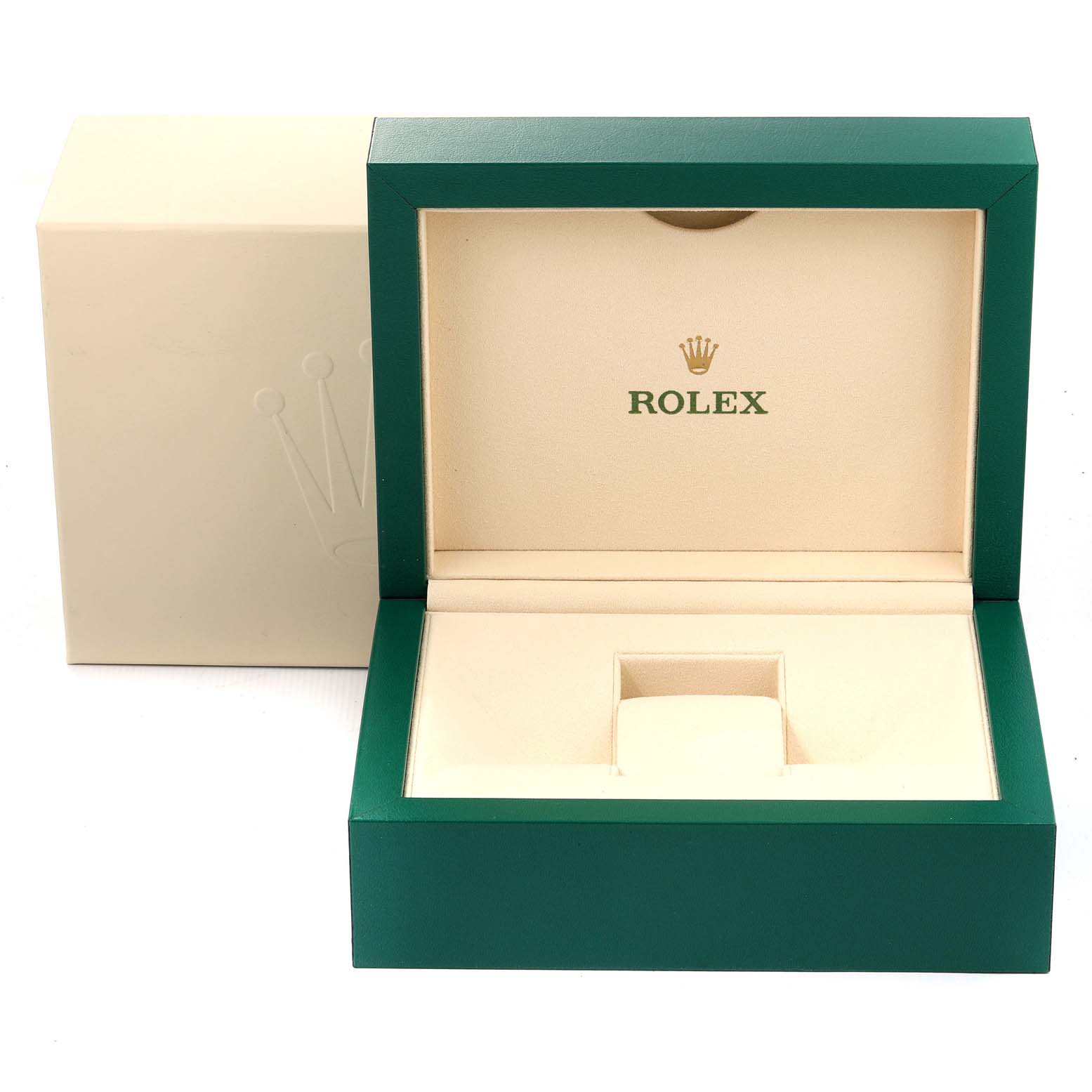 This is an open Rolex Daytona 116520 Men's Stainless Steel White Dial 116520 Men's Stainless Steel White Dial watch box with a beige interior, green outer box, and the Rolex logo printed inside.