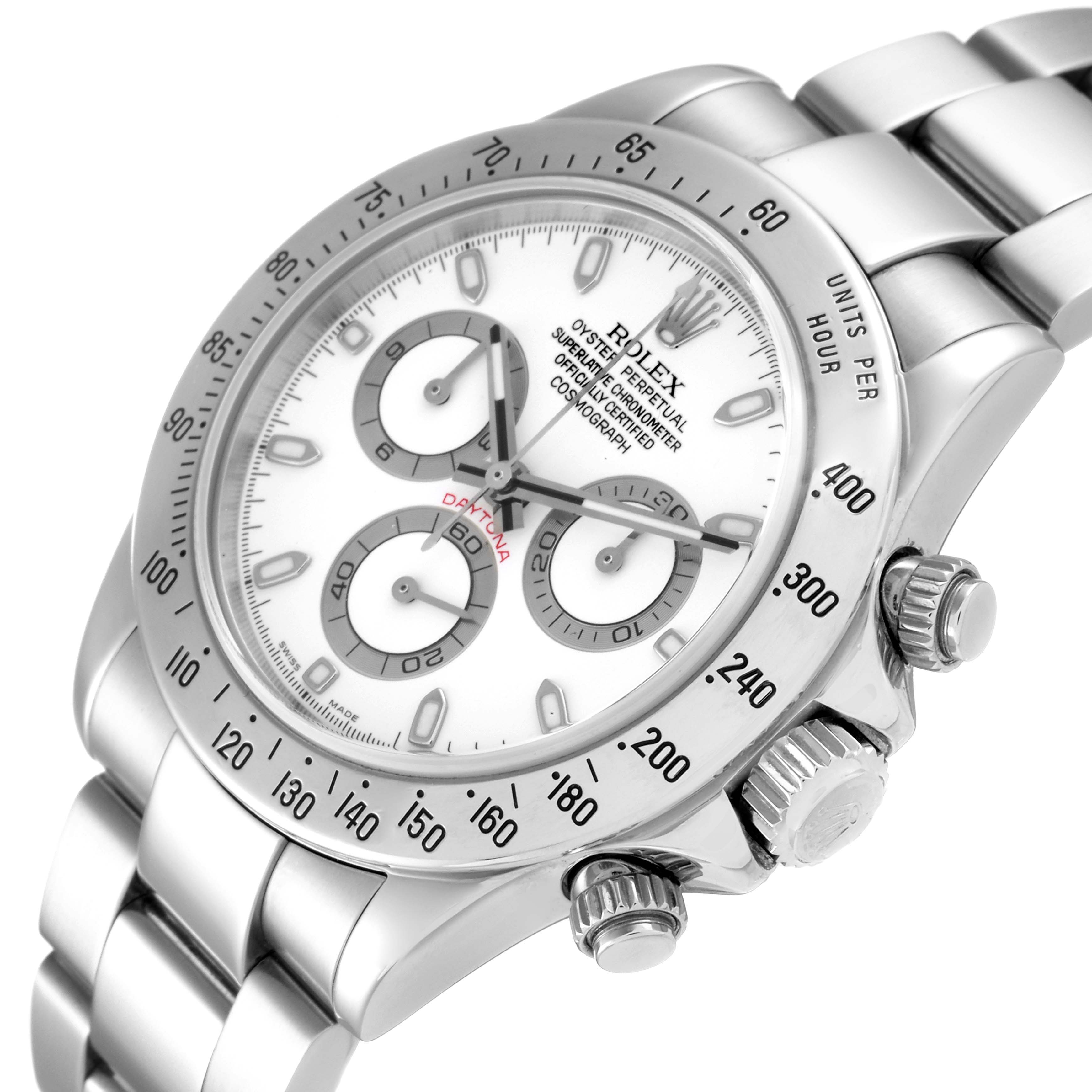 The image shows a close-up angle of a Rolex Daytona 116520 Men's Stainless Steel White Dial 116520 Men's Stainless Steel White Dial watch, highlighting the face, bezel, and crown.