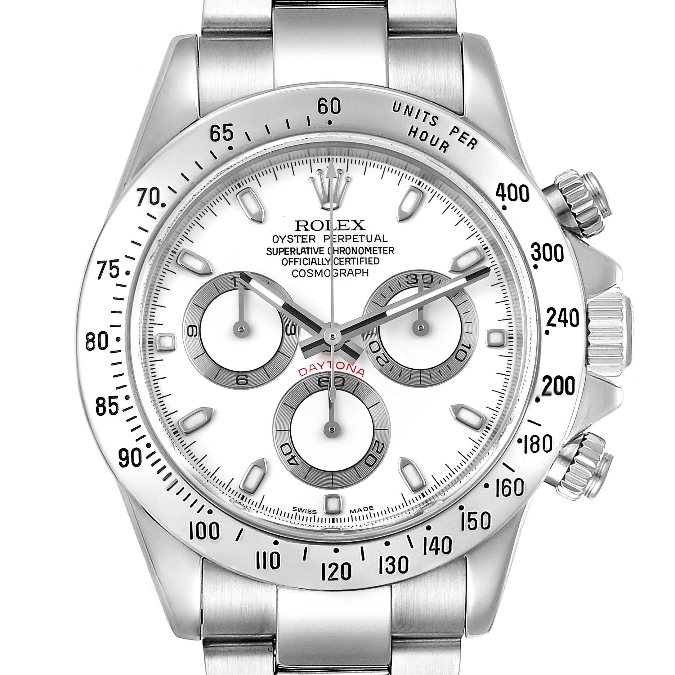 This image shows a front view of the Rolex Daytona 116520 Men's Stainless Steel White Dial 116520 Men's Stainless Steel White Dial watch, highlighting the dial, subdials, bezel, and chronograph pushers.