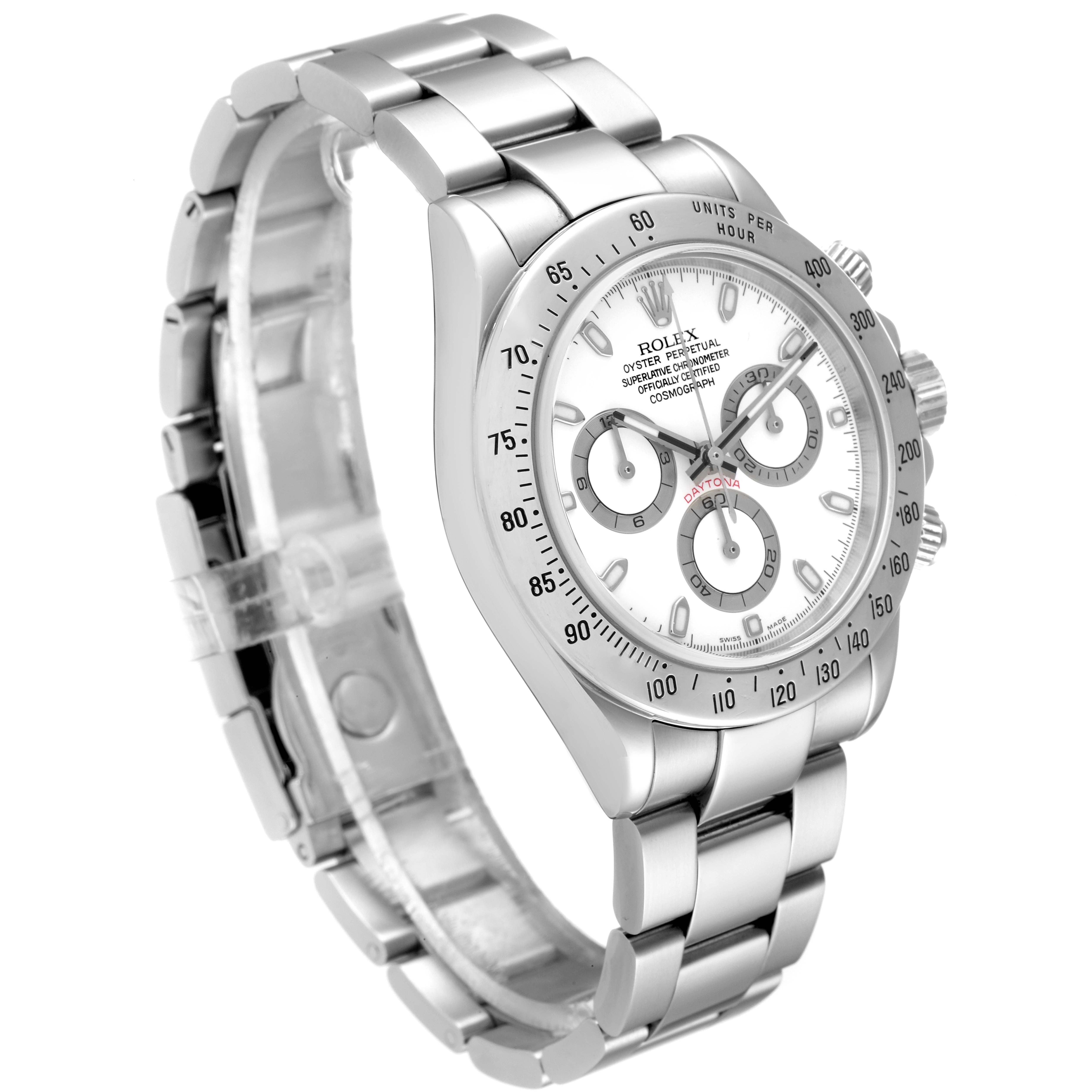 The Rolex Daytona 116520 Men's Stainless Steel White Dial 116520 Men's Stainless Steel White Dial watch is shown at a 3/4 angle, displaying its face, bezel, and part of the bracelet.