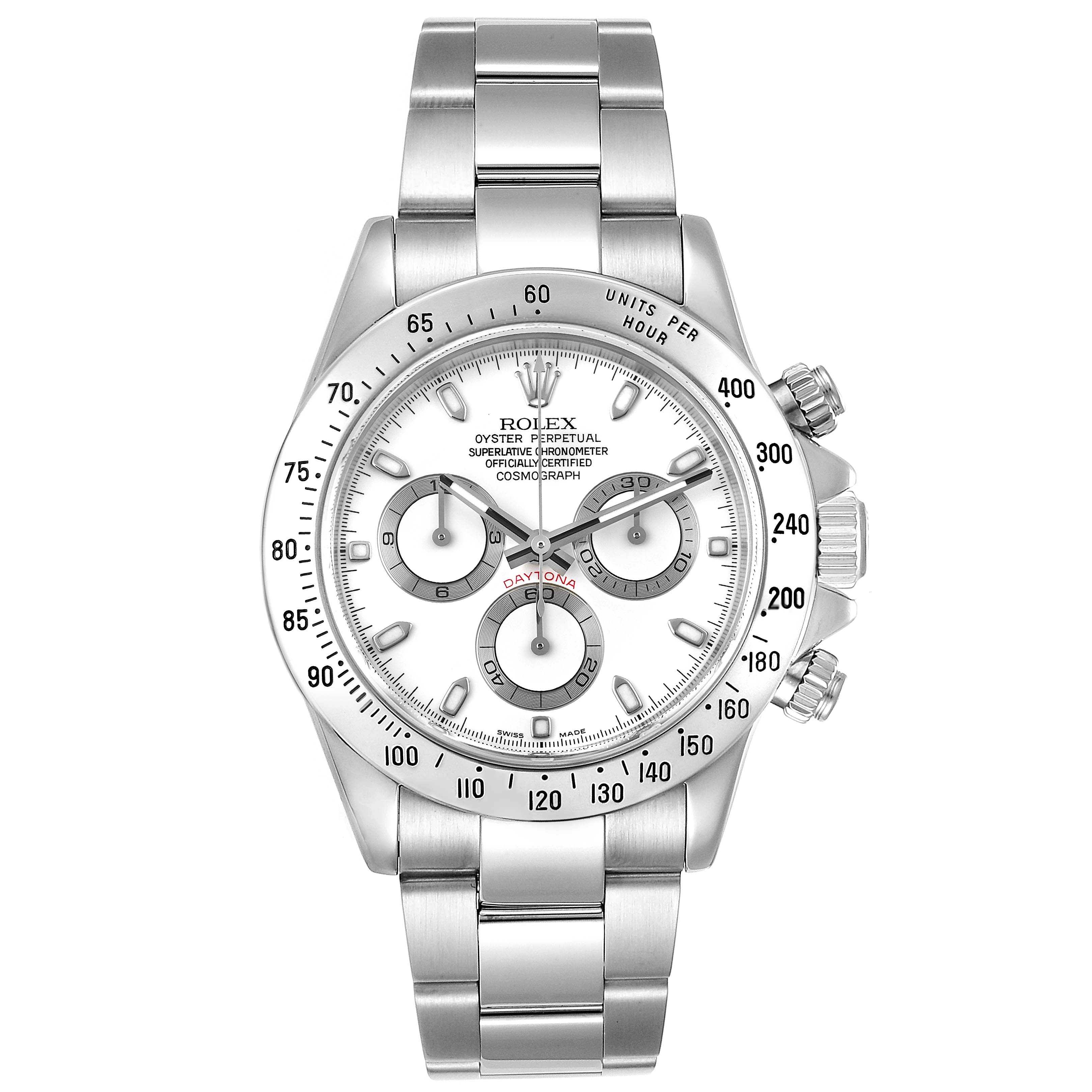 This image shows a front view of the Rolex Daytona 116520 Men's Stainless Steel White Dial 116520 Men's Stainless Steel White Dial watch, highlighting its dial, bezel, and bracelet.