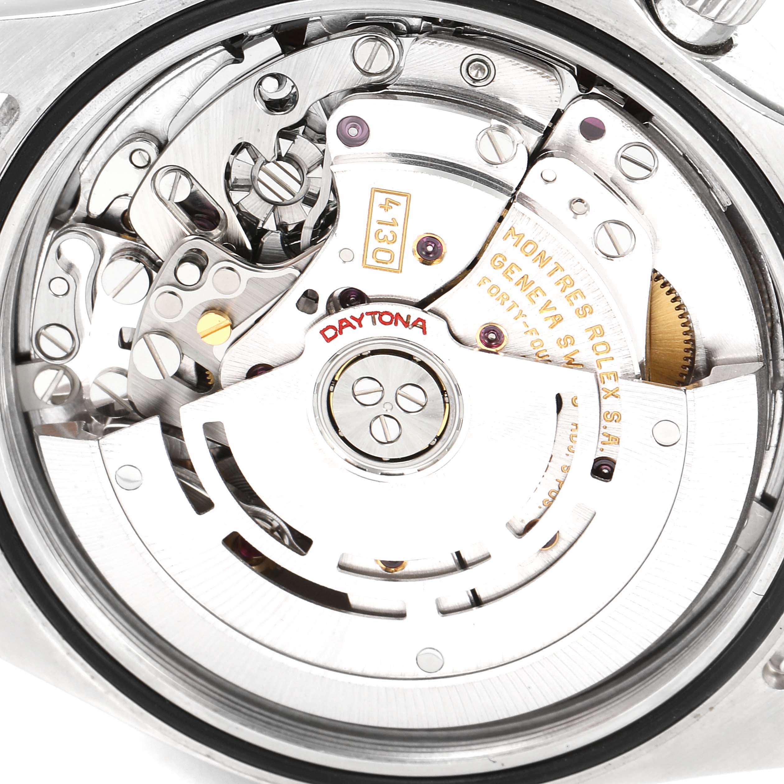 This image shows the internal mechanism and movement of the Rolex Daytona 116520 Men's Stainless Steel White Dial 116520 Men's Stainless Steel White Dial watch from a close-up angle.