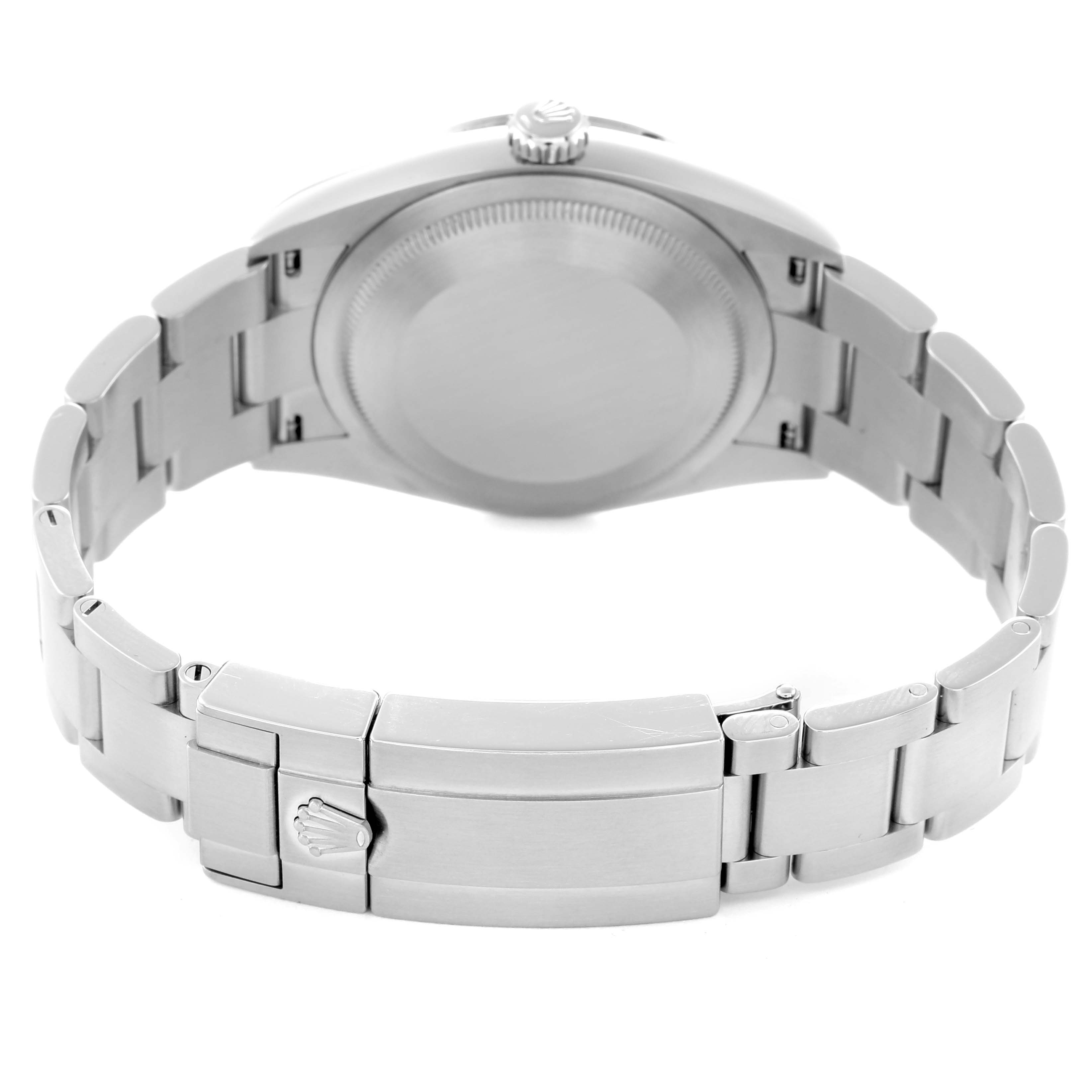 The image shows the back of a Rolex Explorer 124270 Men
s Stainless Steel Black Dial watch with a clear view of the bracelet, clasp, and case back.