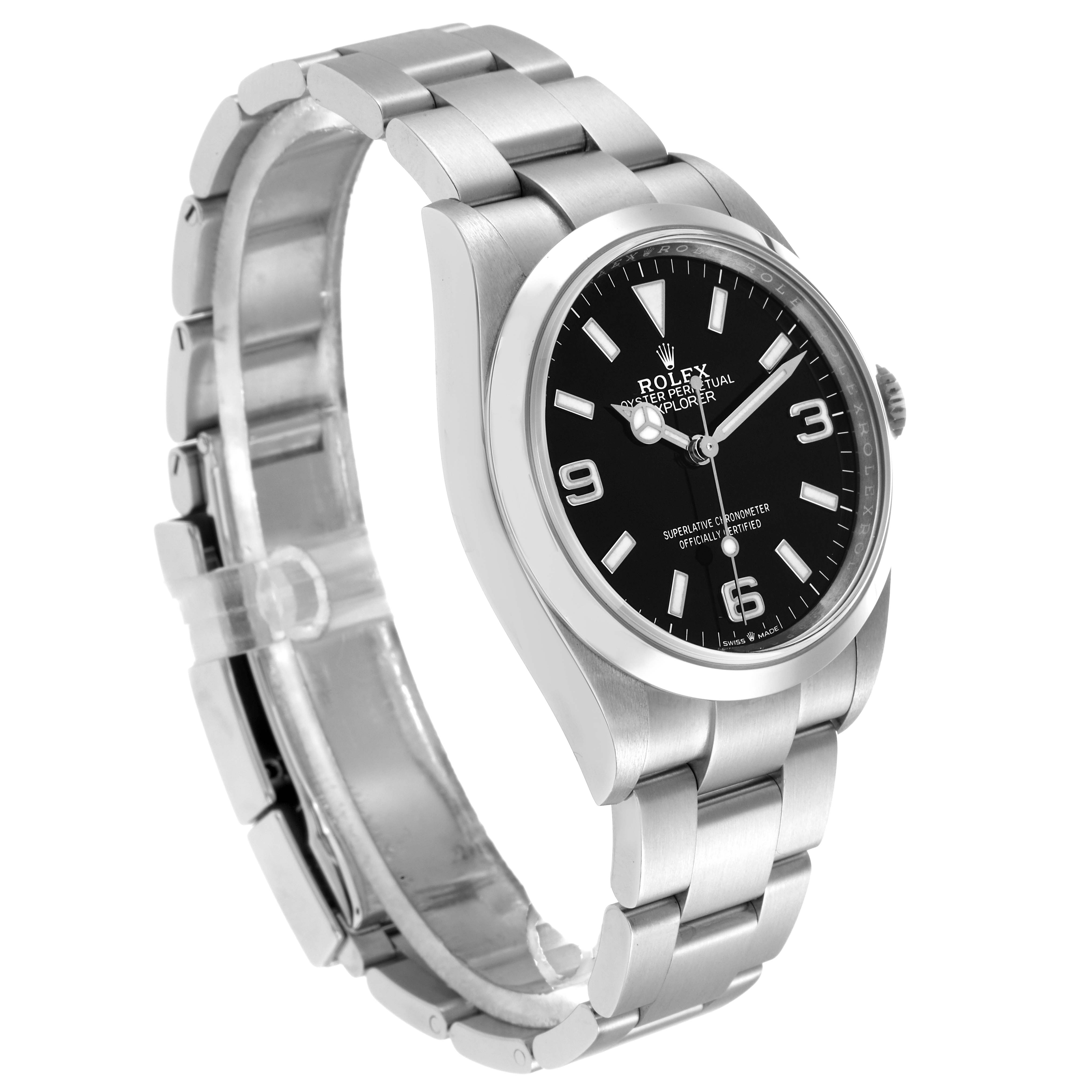 The Rolex Explorer 124270 Men
s Stainless Steel Black Dial watch is shown from an angled side view, highlighting its bezel, face, and bracelet.