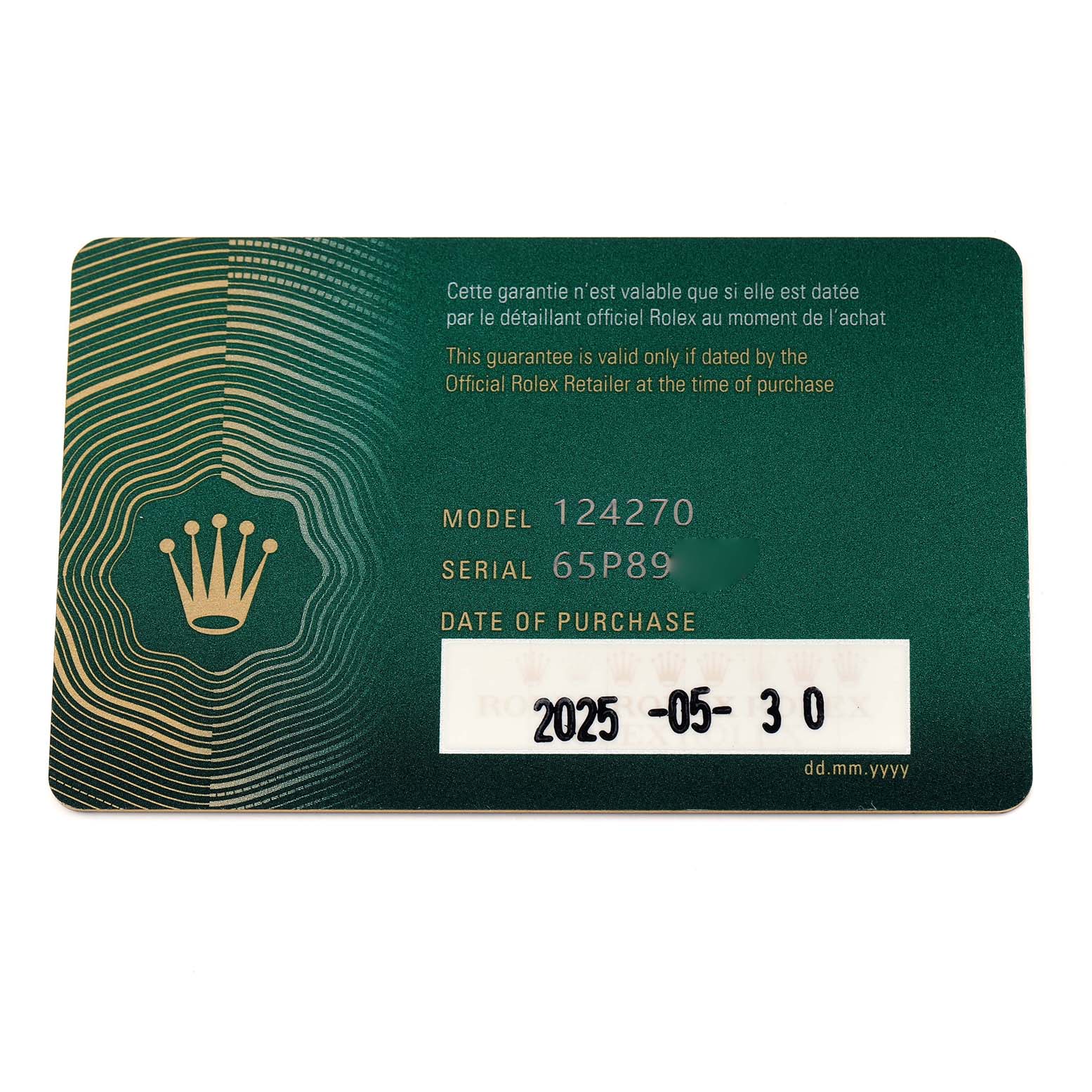 The image shows a warranty card for the Rolex Explorer 124270 Men
s Stainless Steel Black Dial model, displaying model number, serial number, and purchase date.