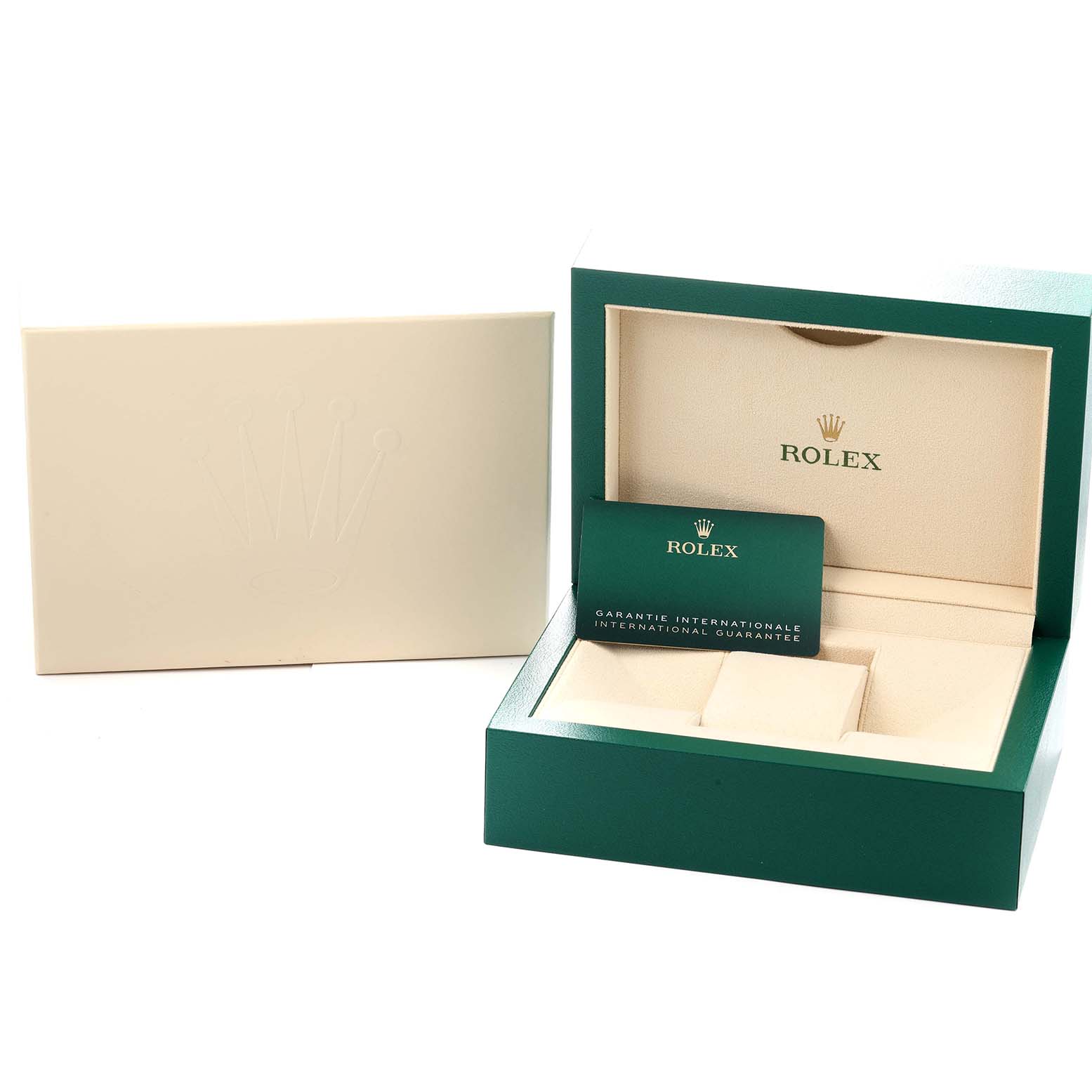 The image shows an open Rolex Explorer 124270 Men
s Stainless Steel Black Dial watch box and outer box from a slightly elevated angle, revealing the guarantee card inside.