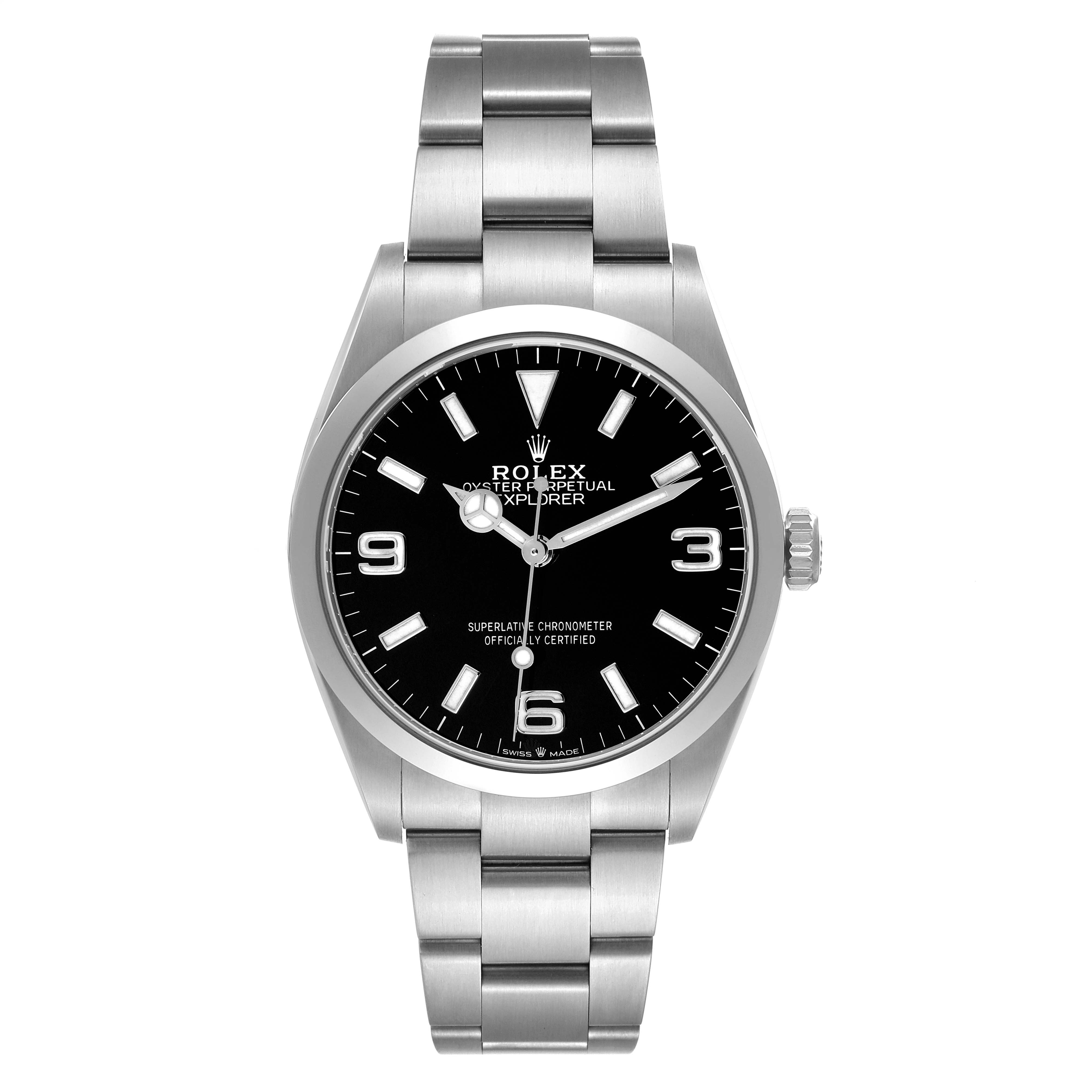 The Rolex Explorer 124270 Men
s Stainless Steel Black Dial watch is shown from a front angle, displaying the dial, bezel, case, and part of the bracelet.