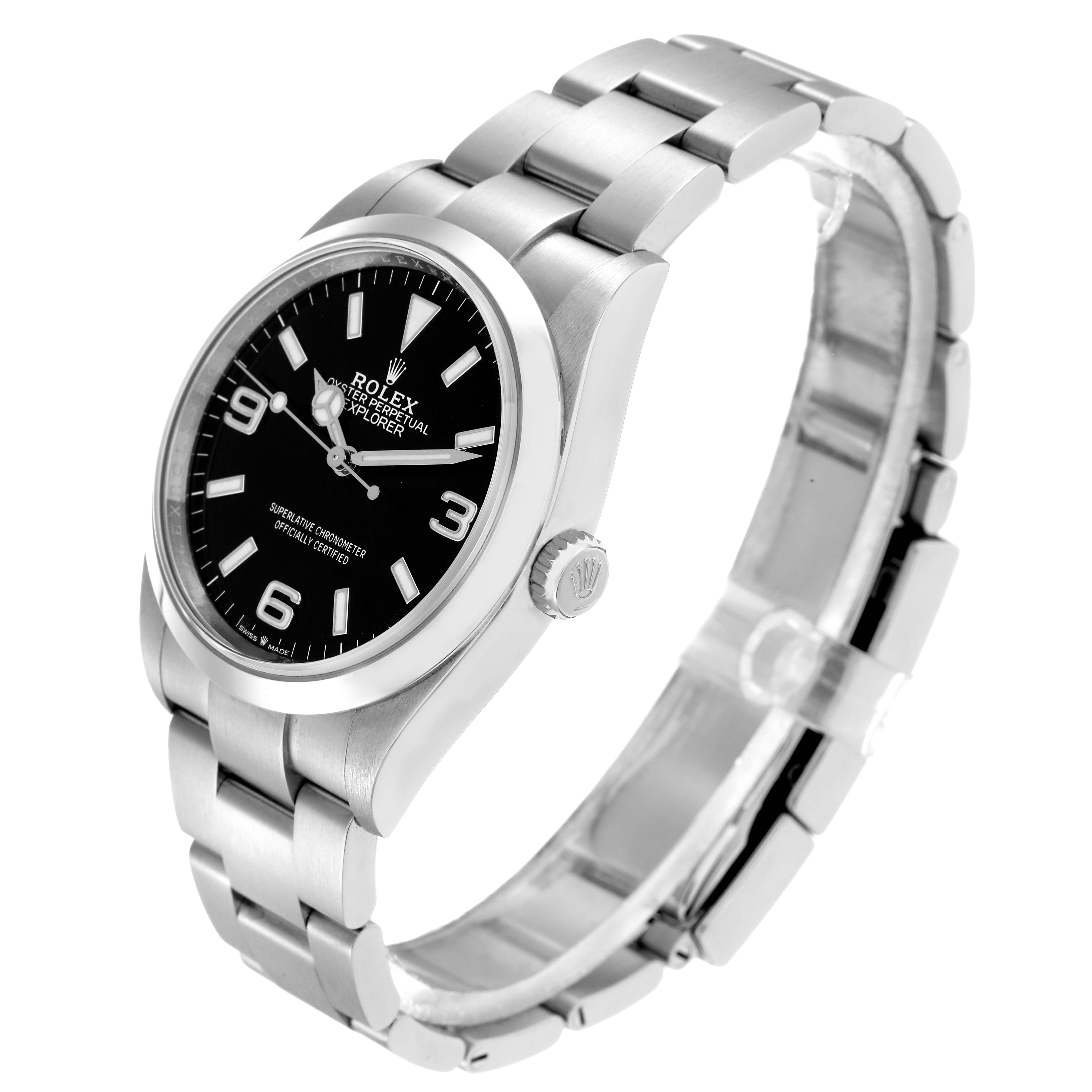 The Rolex Explorer 124270 Men
s Stainless Steel Black Dial watch is shown at a slightly tilted angle, highlighting the face, crown, and bracelet.