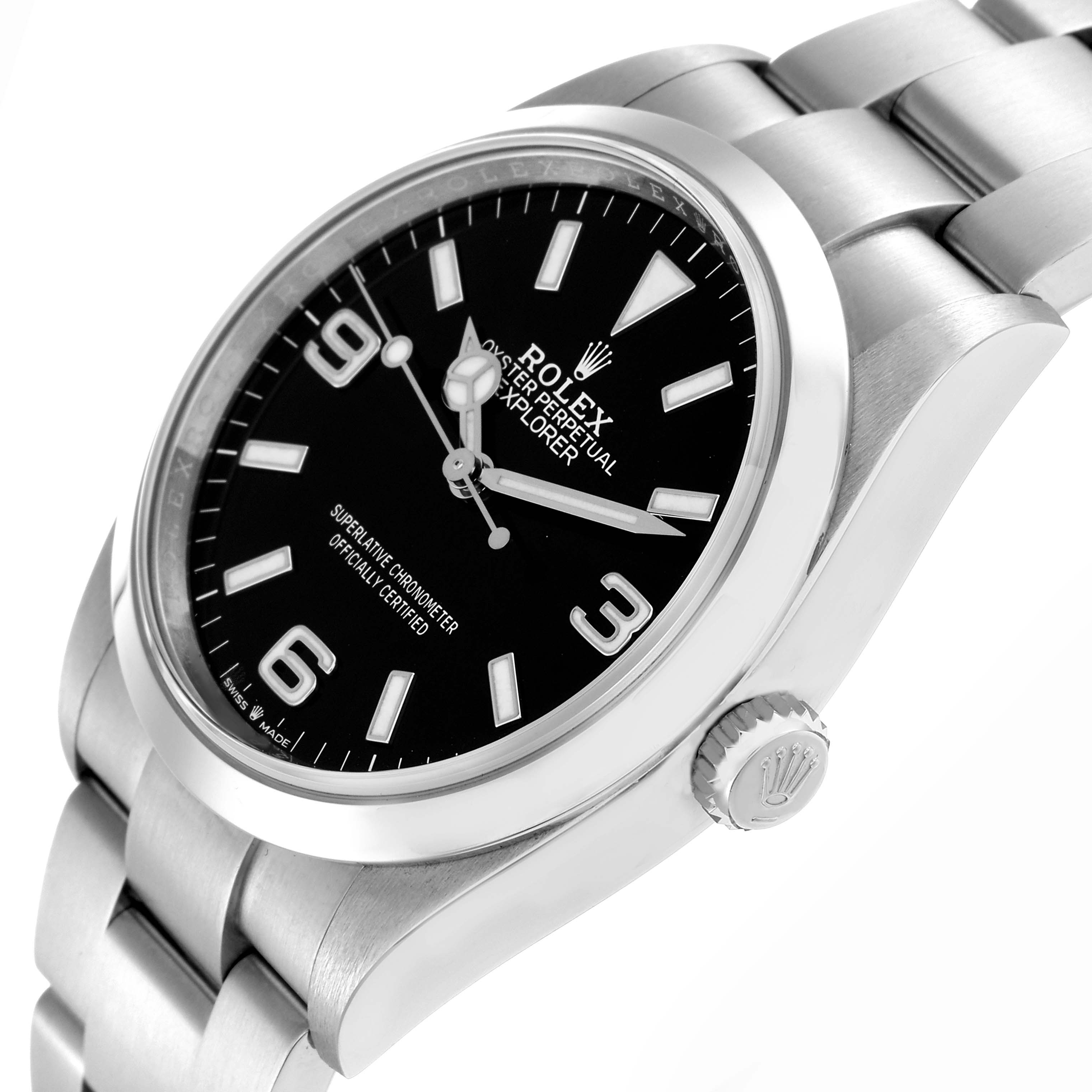 The Rolex Explorer 124270 Men
s Stainless Steel Black Dial watch is shown from a three-quarter angle, highlighting the dial, bezel, crown, and part of the bracelet.