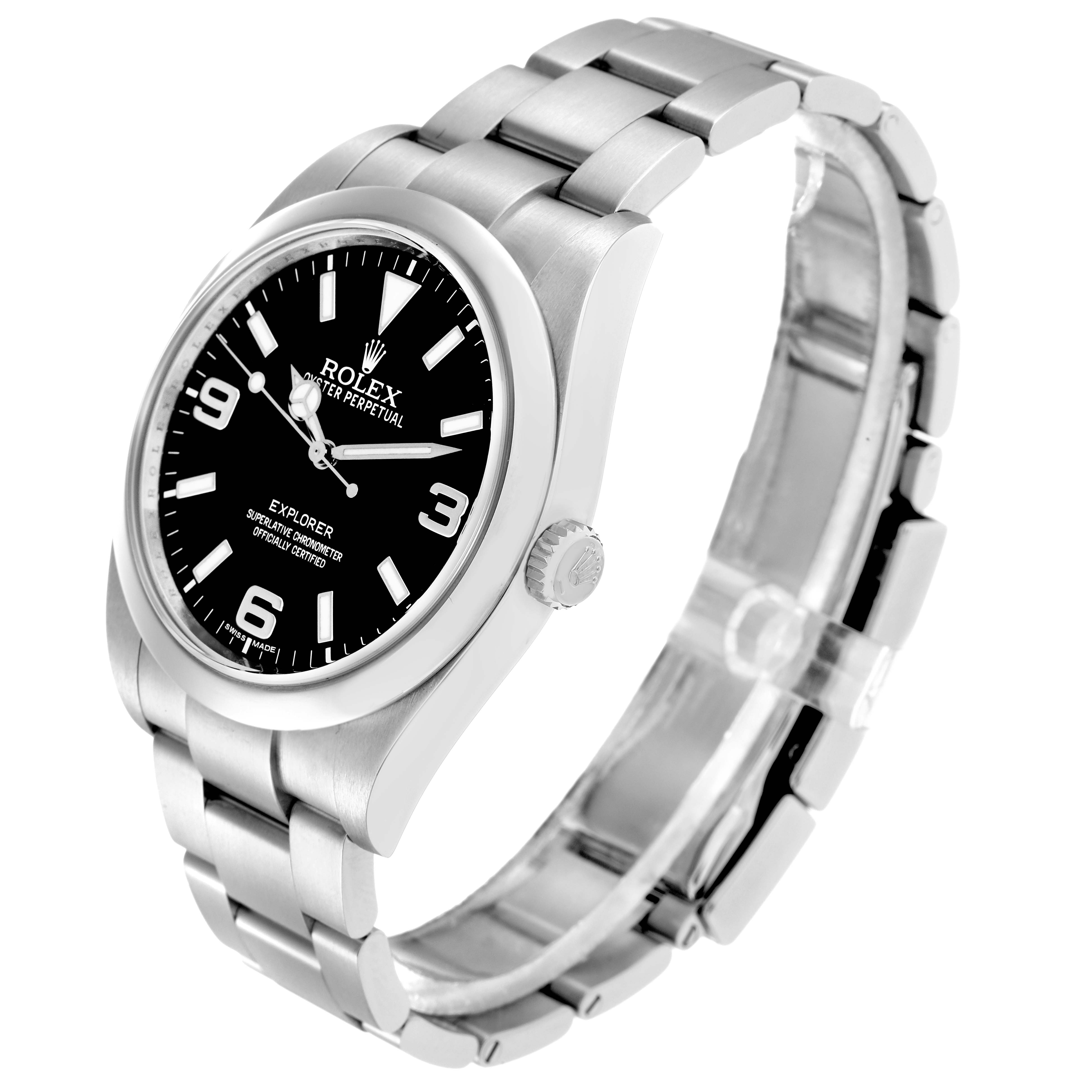The Rolex Explorer 214270 Men
s Stainless Steel Black Dial watch is shown at a three-quarter angle, displaying the face, bezel, crown, and bracelet.