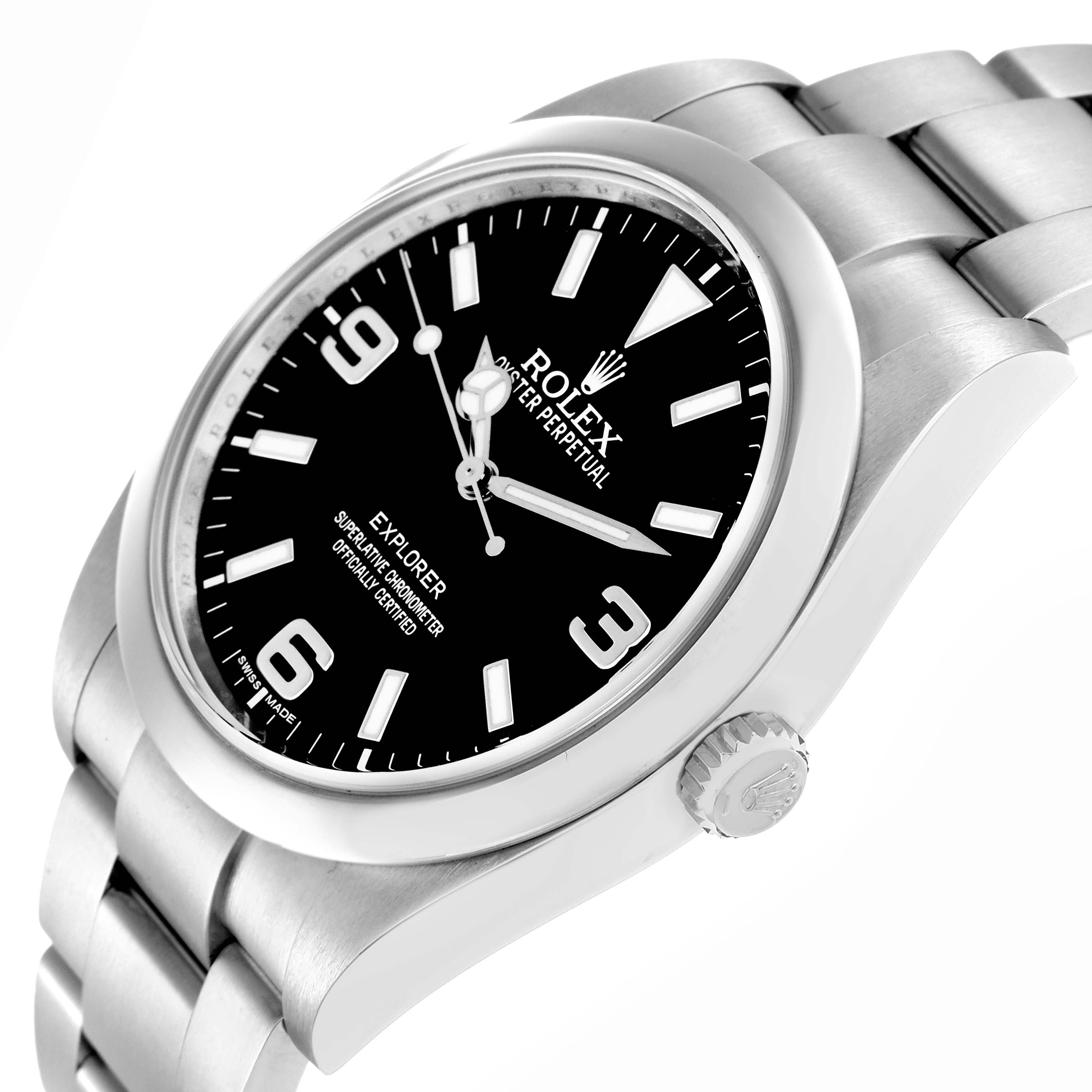 The Rolex Explorer 214270 Men
s Stainless Steel Black Dial watch is shown at an angled view, displaying the dial, case, bezel, crown, and partial bracelet.