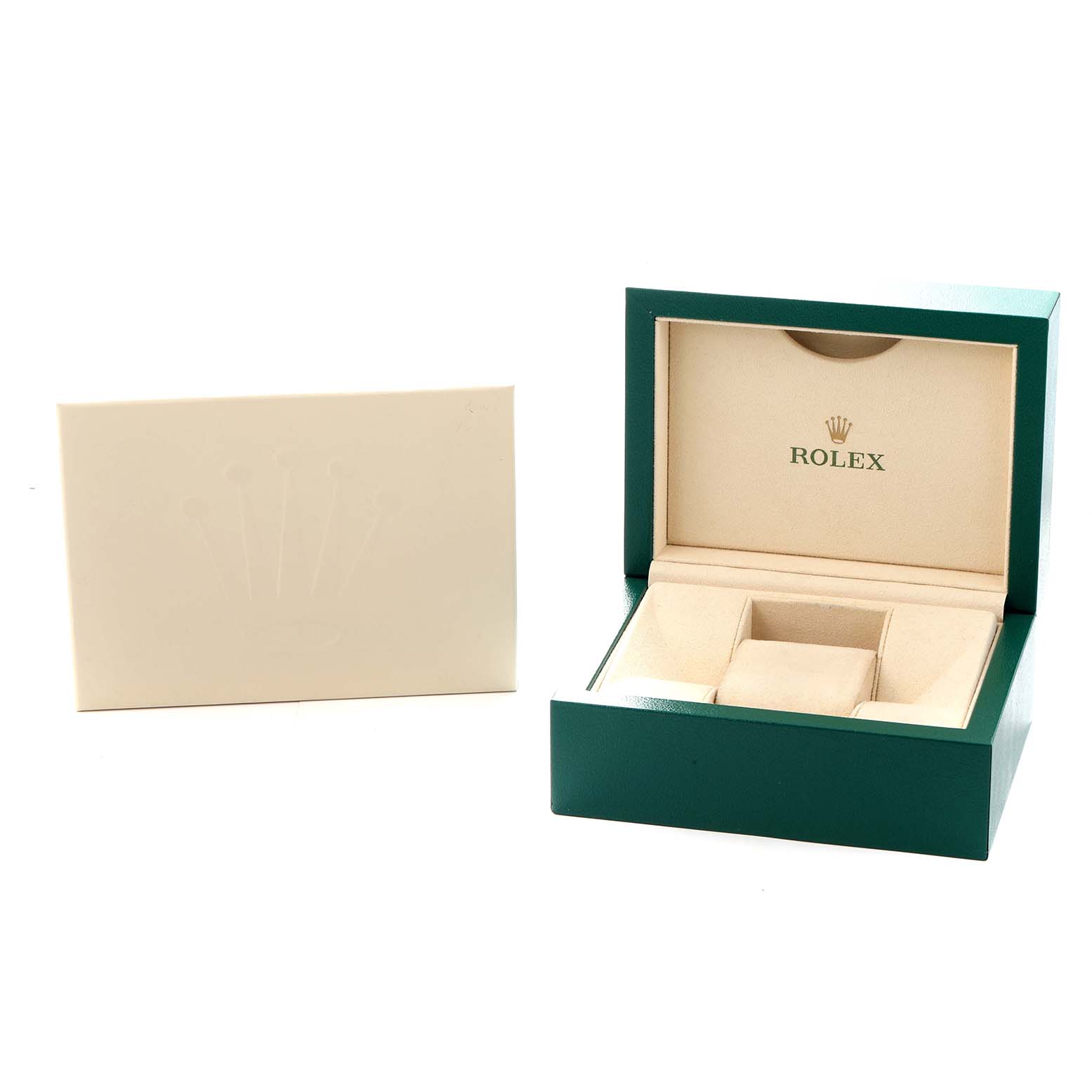 The image shows an open Rolex Explorer 214270 Men
s Stainless Steel Black Dial watch box and a closed beige envelope from a front angle.