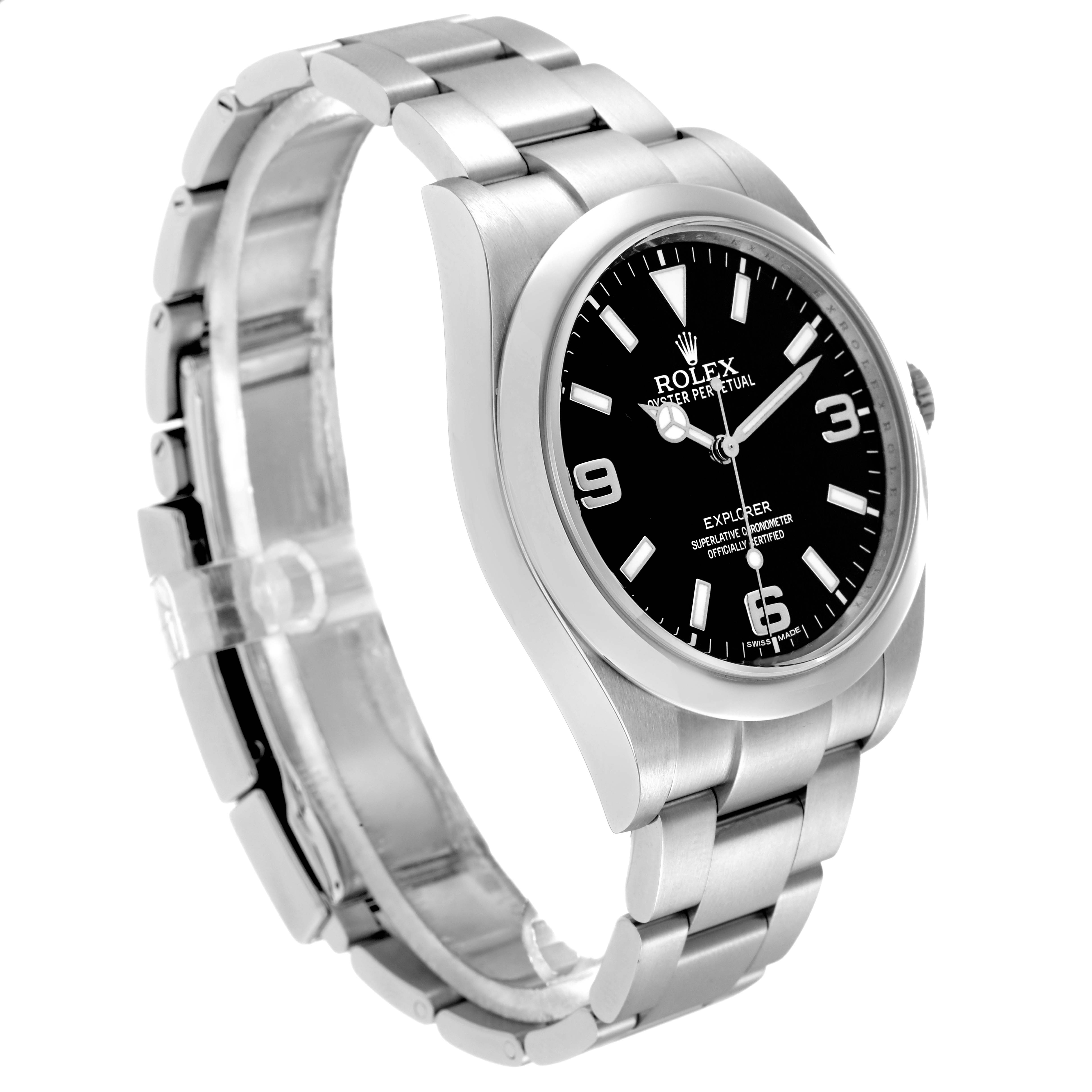 The Rolex Explorer 214270 Men
s Stainless Steel Black Dial watch is shown at a slight angle, displaying the face, case, and part of the bracelet.